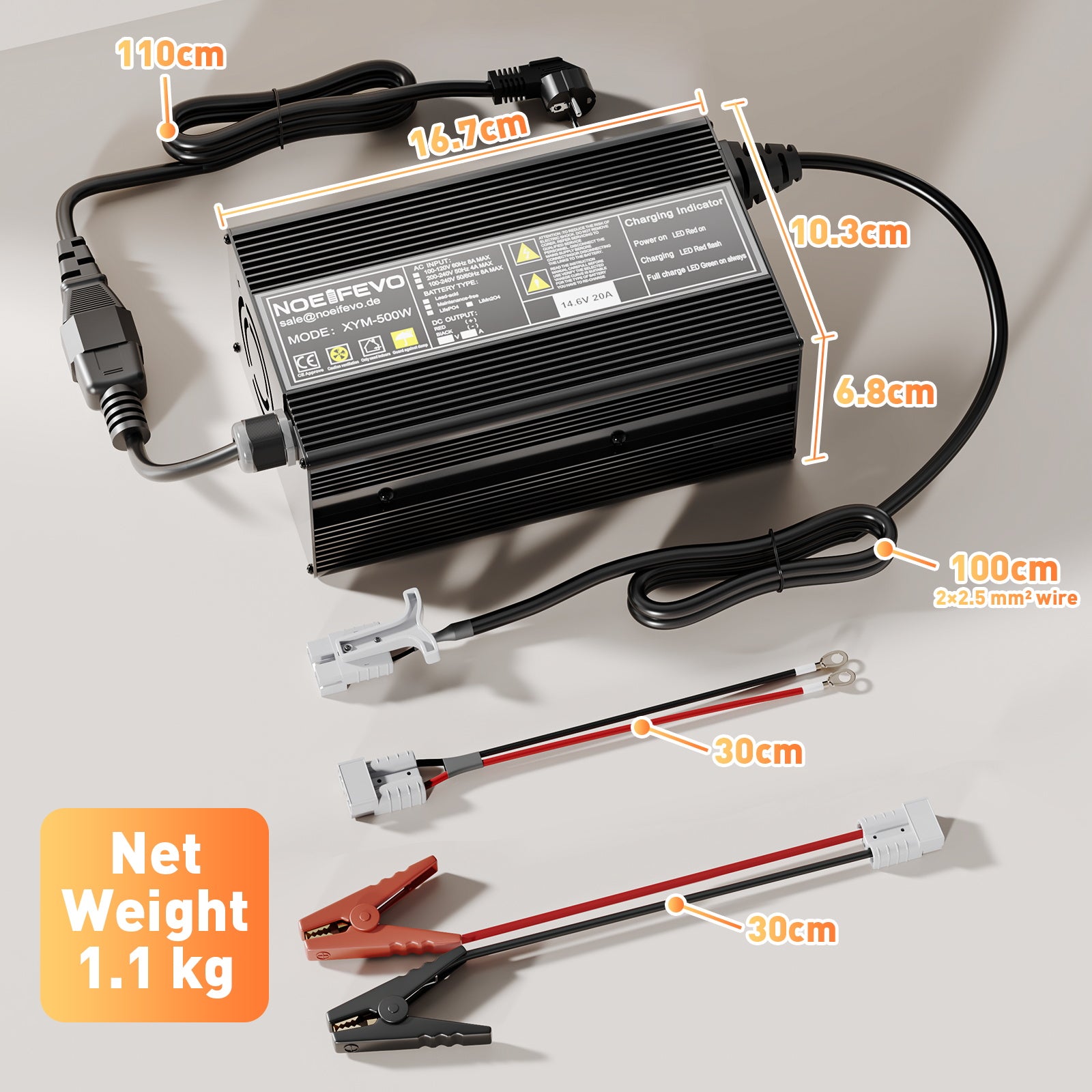 Noeifevo 14.6V 20A מטען סוללות LiFePO4 לסוללת 12V 12.8V LiFePO4 ליתיום, 0V BMS Activate, כיבוי אוטומטי, בית מסגסוגת אלומיניום