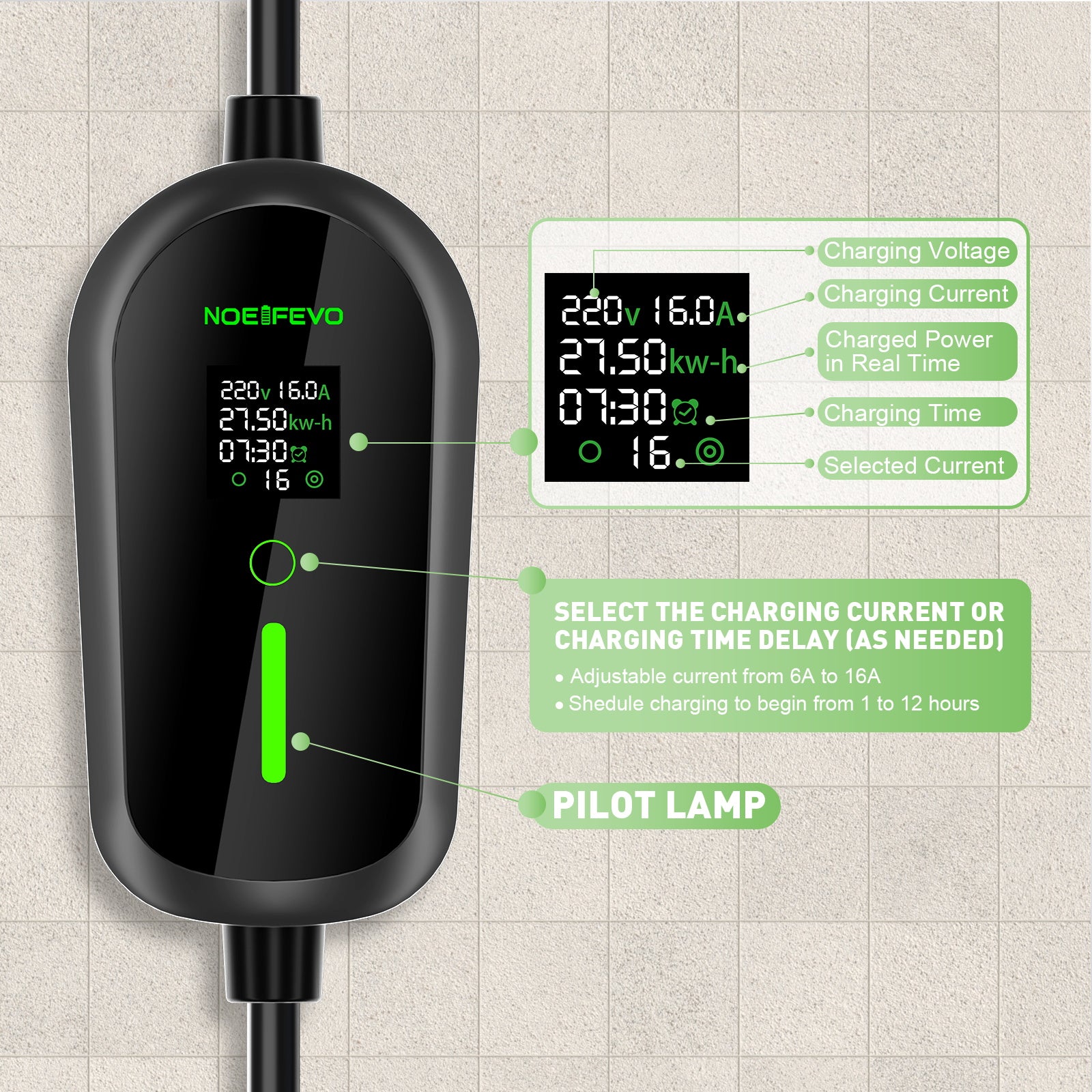 NOEIFEVO Typ 2 Ladekabel Schuko 3,7kW - 4m/6m/11m |6-16A|1-phasig Tragbare EV Ladegerät IP65 Wasserdicht mit LCD-Anzeige, Einstellbarer Ladeleistung, Einstellung Startzeit, für Allen EVs(IEC 62196-2) & PHEVS