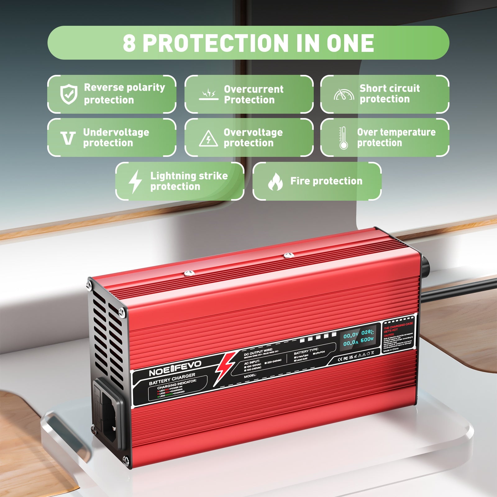 NOEIFEVO 58,4V 8A LiFePO4-batteriladdare för 51,2V 16S LiFePO4-batterier, automatisk avstängning, OLED-display, aluminiumhölje, med fläkt