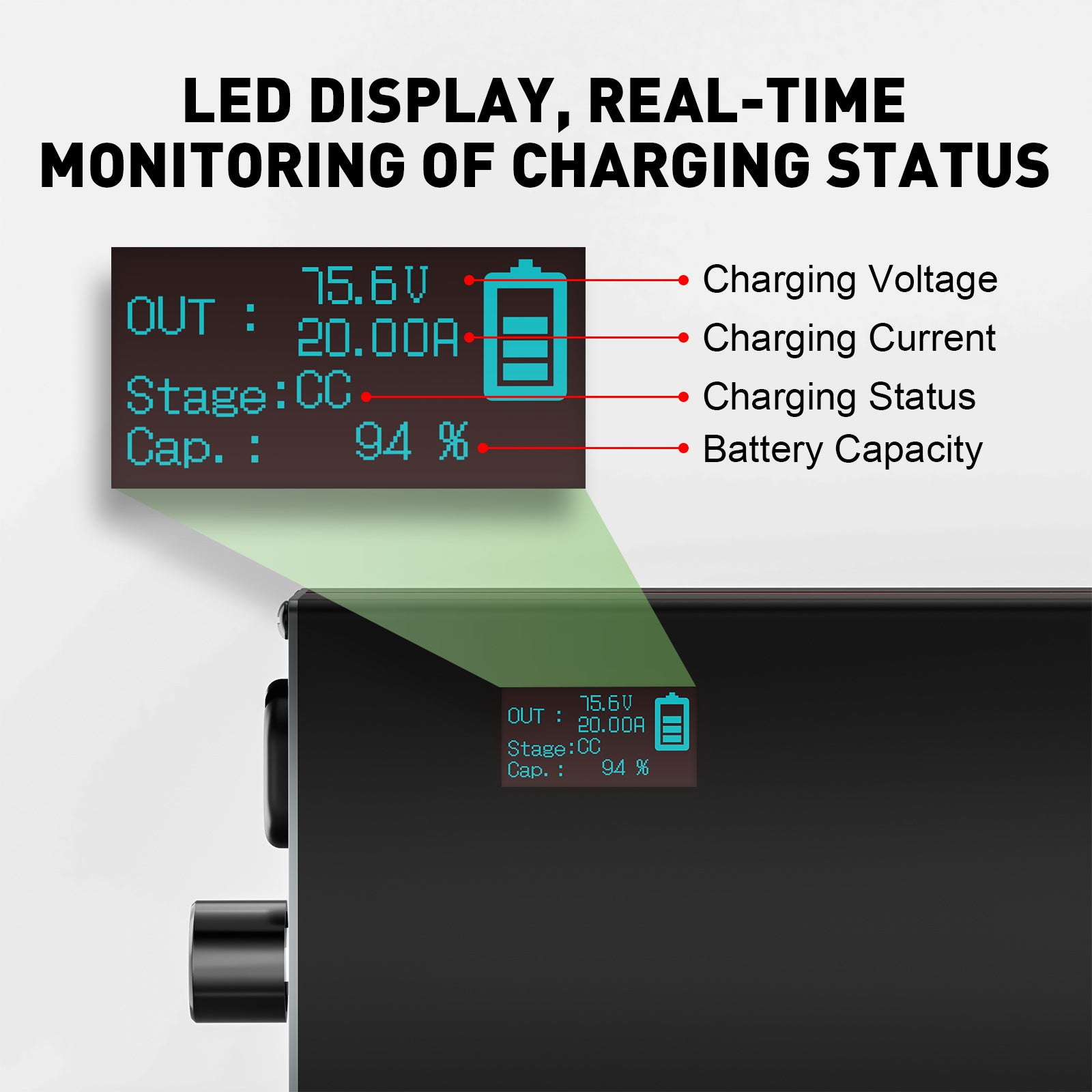 NOEIFEVO 75.6V 2-20A Ładowarka do akumulatorów litowo-jonowych dla akumulatorów 66.6V 18S Lithium-Li-Ion-Lipo, wyświetlacz LCD, regulowany prąd, ładowarka do rowerów elektrycznych, skuterów, motocykli elektrycznych