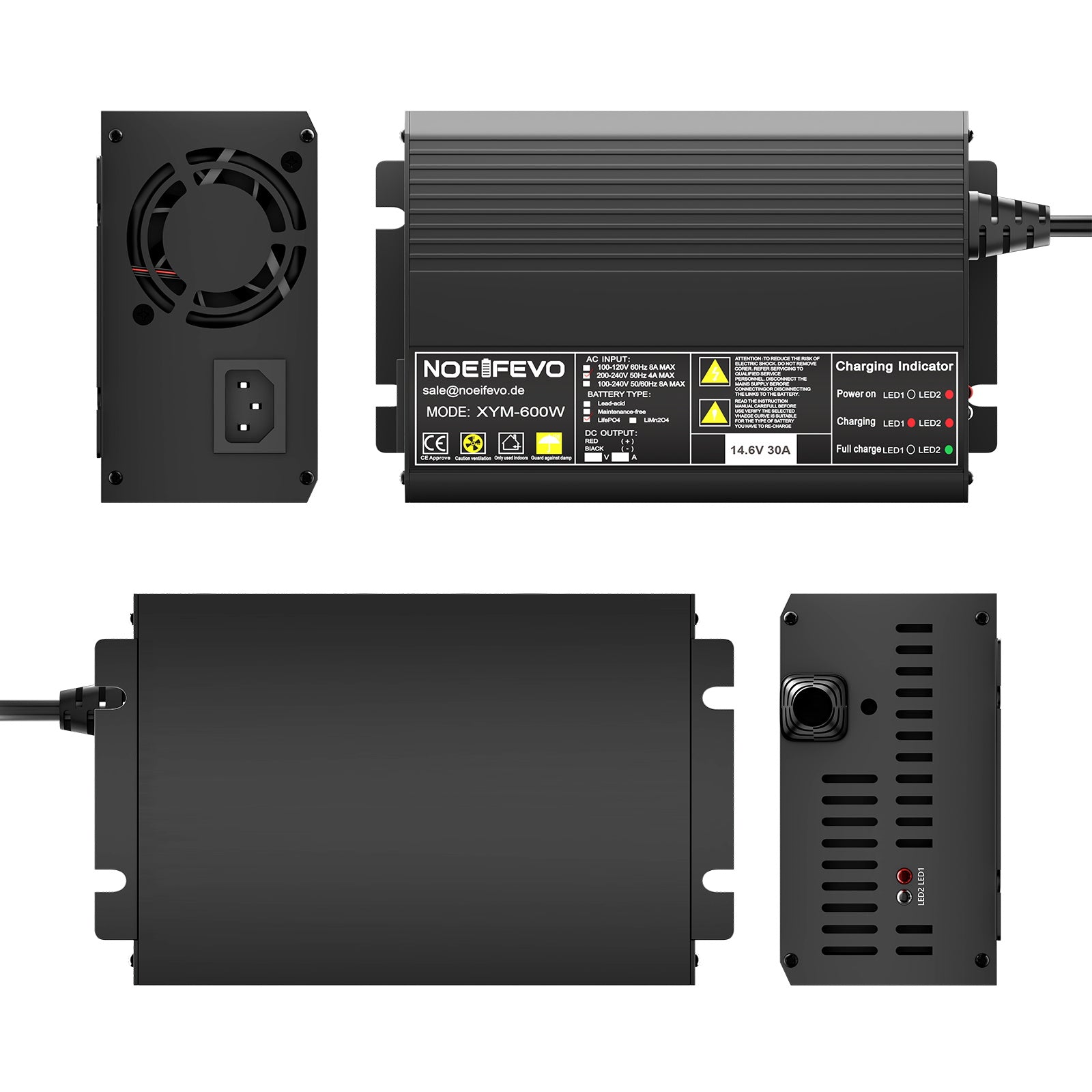 Noeifevo 12V 12.8V 30A Lithium LiFePO4 batterijlader, laadspanning 14.6V, 0V BMS activering, automatische uitschakeling, aluminium behuizing