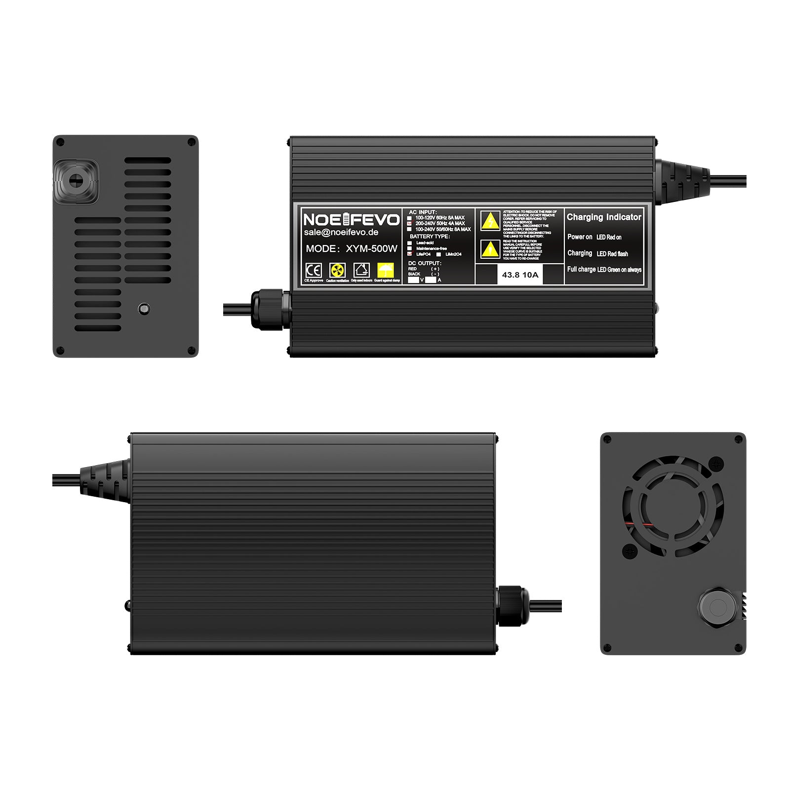 Noeifevo 43.8V 10A LiFePO4 batteriladdare för 36V 38.4V 12S LiFePO4 batteri
​