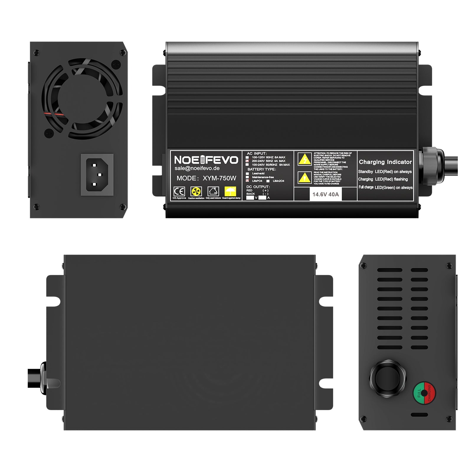 Noeifevo 14.6V 40A LiFePO4 acculader voor snellader voor 12V (12.8V) lithium LiFePO4 200Ah accu, automatische uitschakeling met volledige bescherming