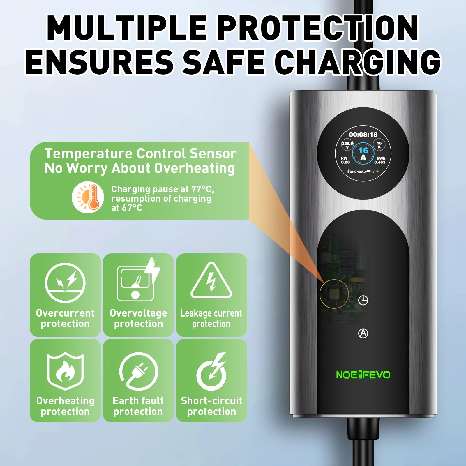 NOEIFEVO CY01 Typ 2 Laddkabel Schuko 220V, 3,7kW Mobil väggbox med APP, 6-16A 1-fas Laddkabel för Alla EVs (IEC 62196-2) & PHEVs