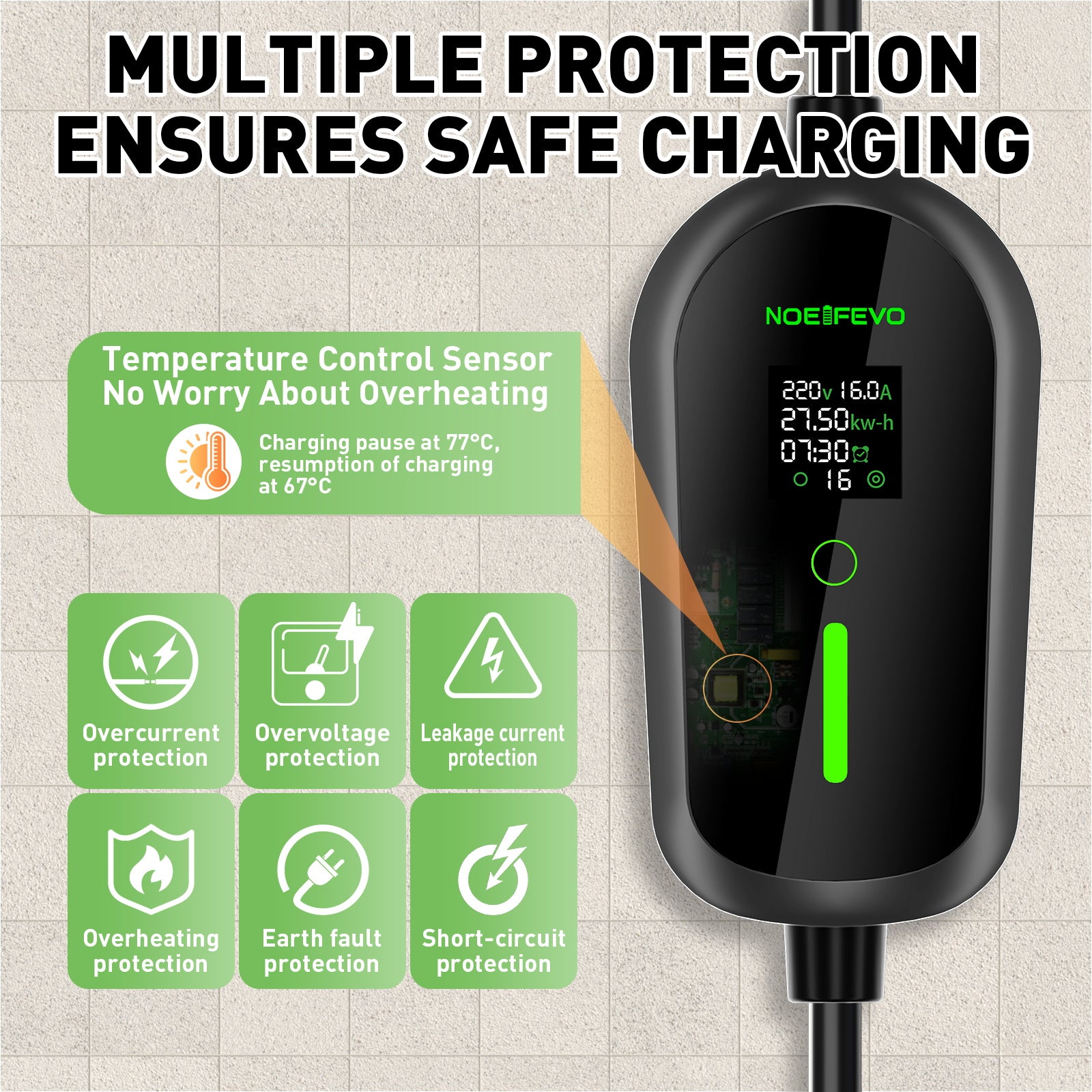 NOEIFEVO Typ 2 Ladekabel Schuko 3,7kW - 4m/6m/11m |6-16A|1-phasig Tragbare EV Ladegerät IP65 Wasserdicht mit LCD-Anzeige, Einstellbarer Ladeleistung, Einstellung Startzeit, für Allen EVs(IEC 62196-2) & PHEVS