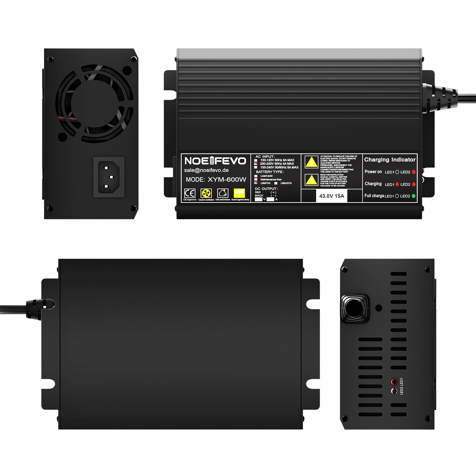 Noeifevo 43.8V 15A LiFePO4 batterioplader til 36V 38.4V 12S LiFePO4 batteri