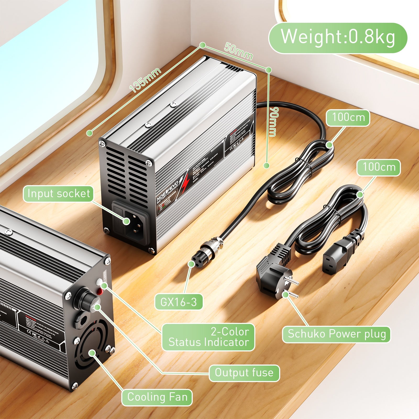 NOEIFEVO 54.6V 2A 2.5A 3A litiumladdare för 13S 48.1V Li-Ion Lipo-batterier, kylfläkt, automatisk avstängning