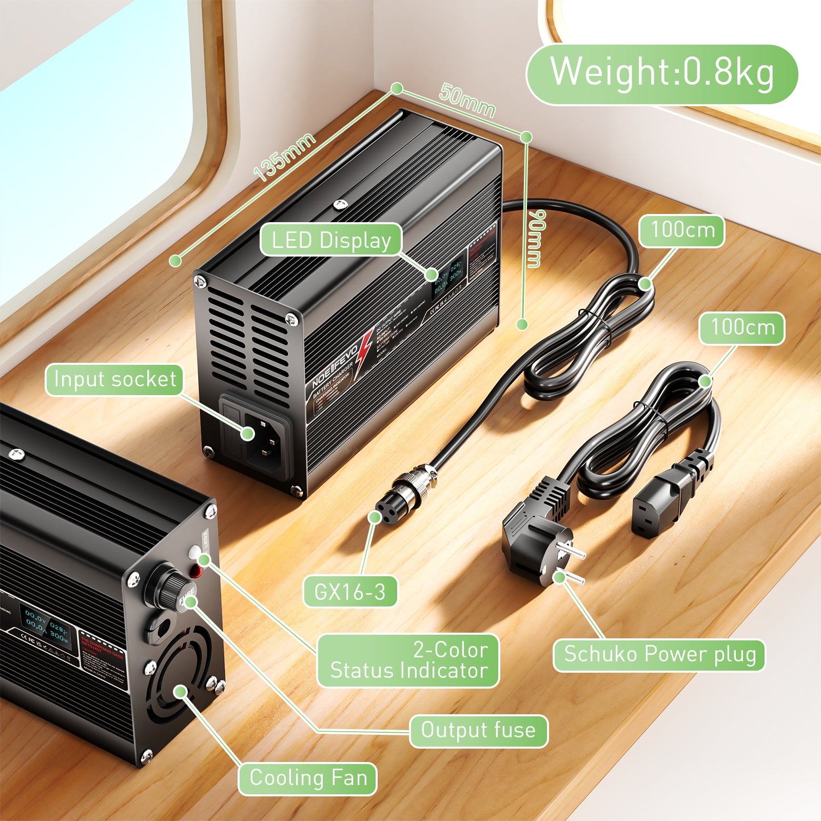 NOEIFEVO 58.4V 2A LiFePO4 nabíječka baterií pro 16S 48V 51.2V LiFePO4 baterii, s LCD displejem, chladicím ventilátorem, automatickým vypnutím