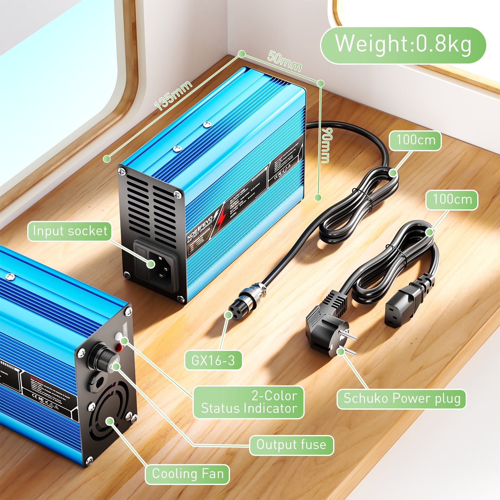 NOEIFEVO 43.8V 4A Carregador de Bateria LiFePO4 para Bateria LiFePO4 12S 36V 38.4V, Ventilador de Resfriamento, Desligamento Automático (AZUL).