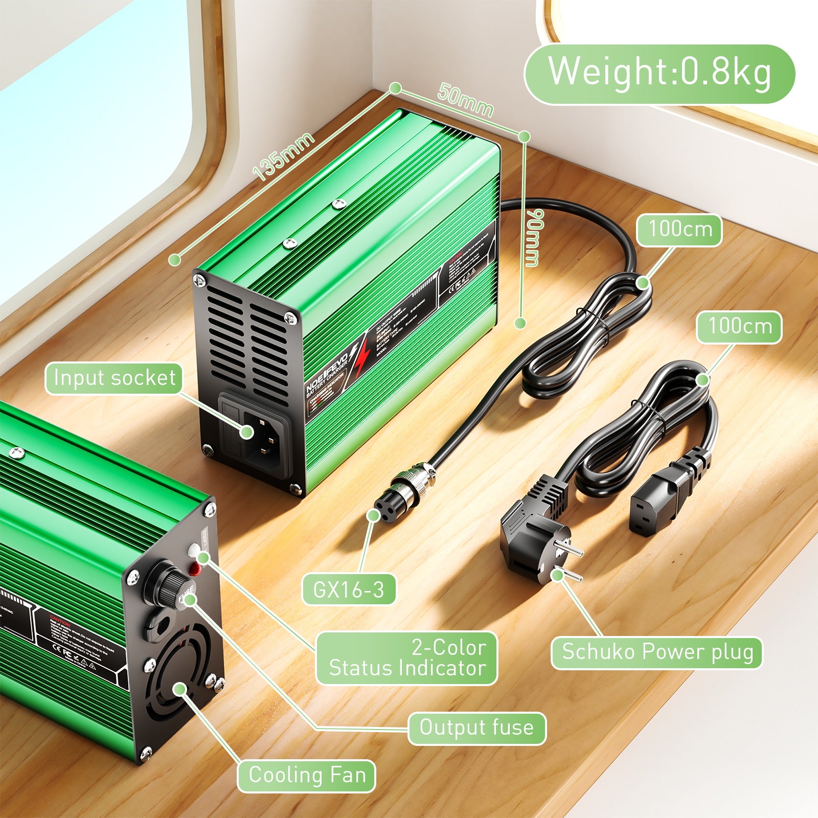 NOEIFEVO 14.6V 10A LiFePO4 nabíjačka batérií pre 4S 12V 12.8V LiFePO4 batérie, chladenie ventilátorom, automatické vypnutie (ZELENÁ).