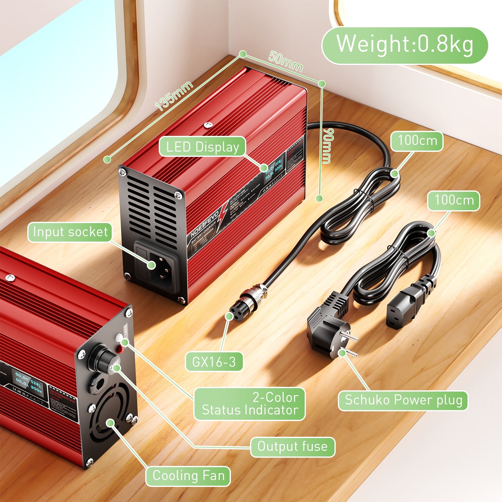 NOEIFEVO 12,6V 5A 6A 7A 8A 10A Carregador de Lítio para Baterias 3S 11,1V Li-Ion Lipo, Ventilador de Resfriamento, Desligamento Automático (Vermelho)