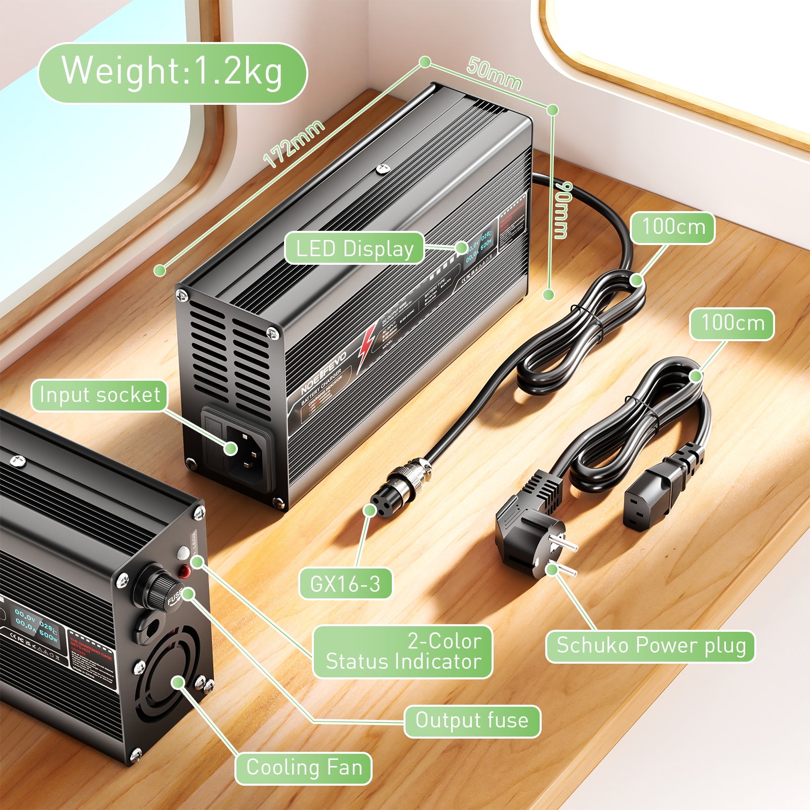 NOEIFEVO 84V 5A caricabatterie al litio per batteria 20S 74,0V, display LED, case in alluminio, ventilatore