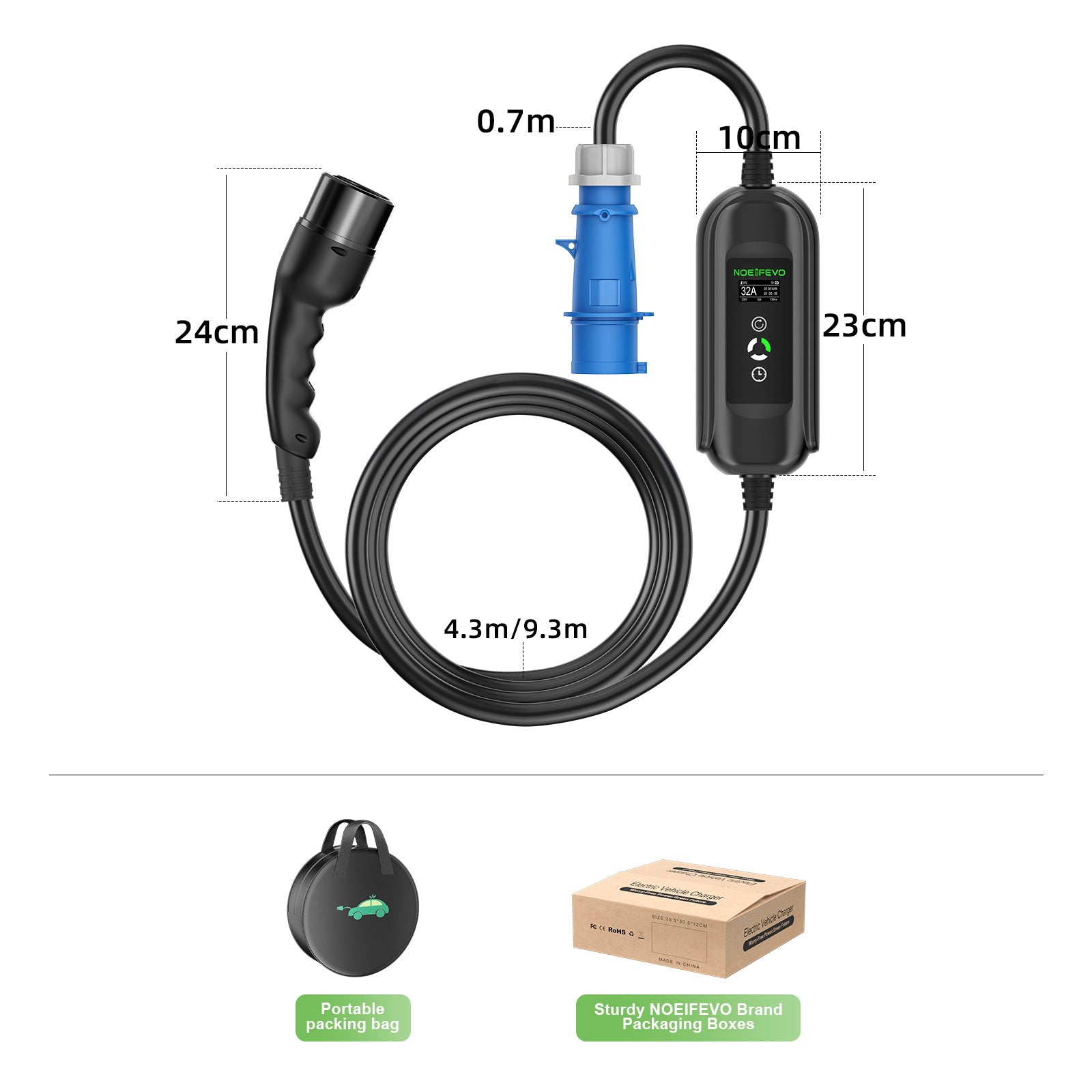 NOEIFEVO 7.2KW EV-laadkabel, Type 2 32A 1 fase EV-lader, Mobiel EVSE-laadstation met CEE Blauwe Stekker