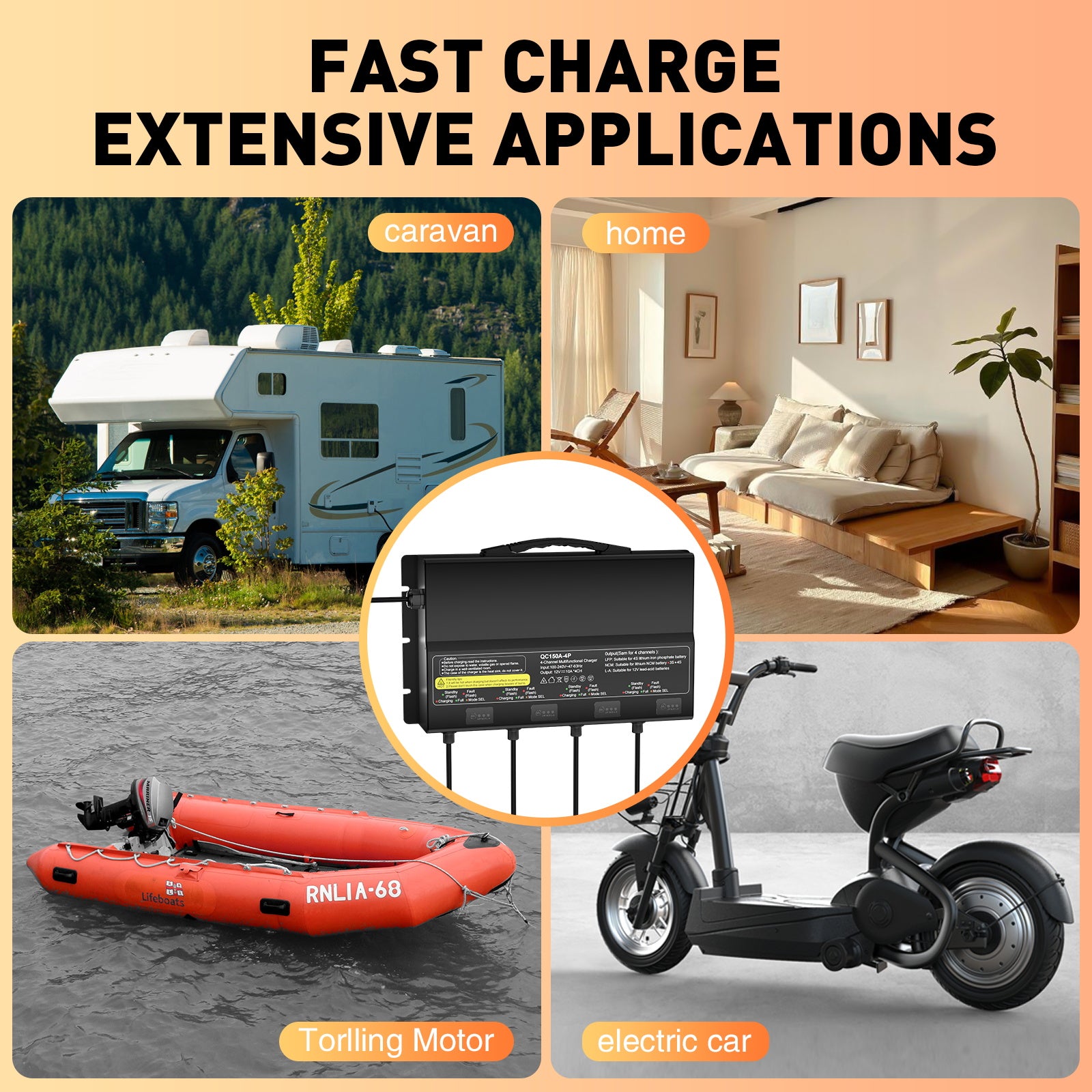 NOEIFEVO 12V 40A 4-banks (10A/bank) universel batterilader, 12V vandtæt LiFePO4 lithium-blybatterilader til campingvogn, båd, motorcykel, plæneklipper, trollingmotor og blybatteri