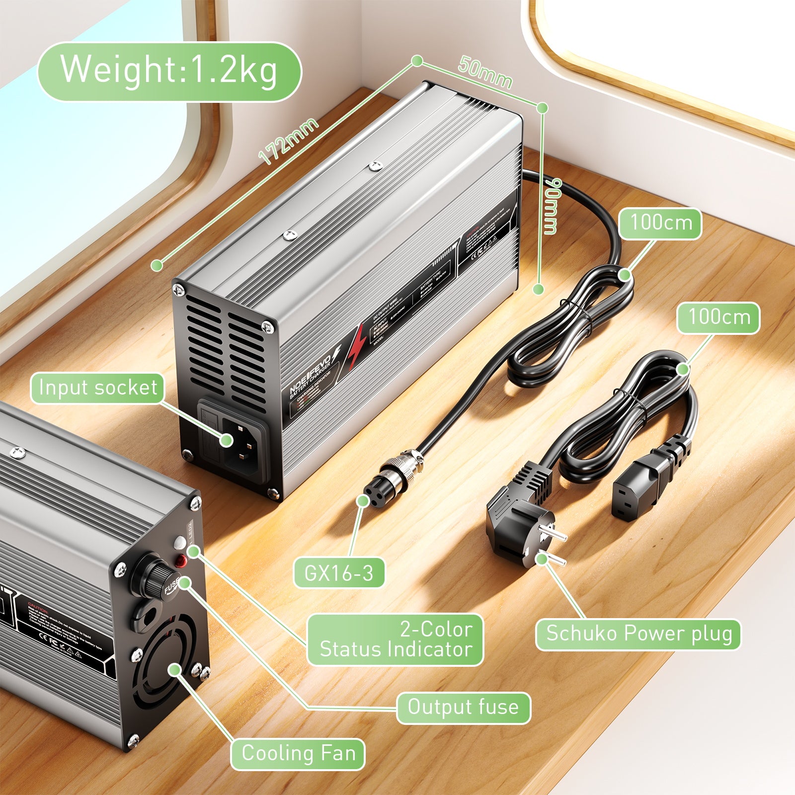 NOEIFEVO 71,4V 6A lithium-accu lader voor 62,9 V (60 V) 17S accu, automatische uitschakeling, aluminium behuizing, met ventilator (zilver)