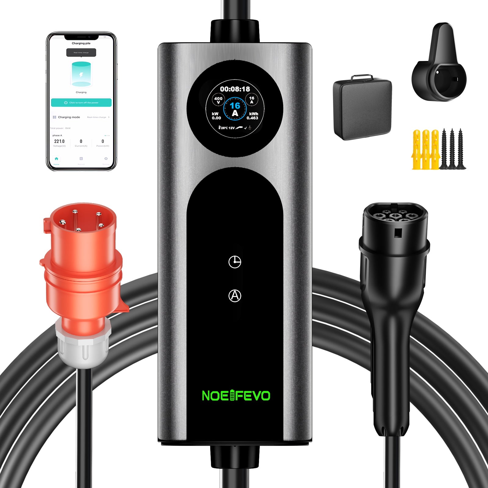 Noeifevo Type 2 Mobiele EV Wallbox, 11KW 3-fase CEE16A Instelbare Laadvermogen EV Lader, 5m/10m/15m EV Oplaadkabel voor Model Y/3, ID.3/4/5, MG4, EX30, e-up, e-tron, Zoe en andere EV's.
