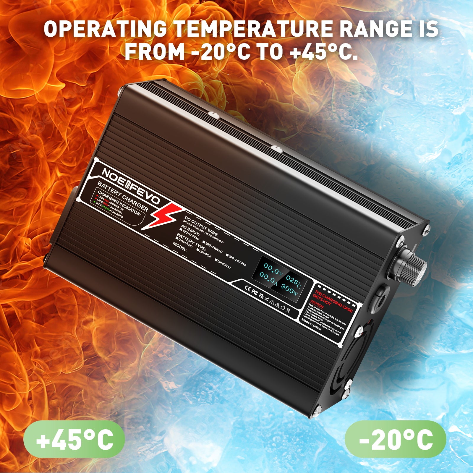 NOEIFEVO 14.6V 10A LiFePO4 batteriladdare för 4S 12V 12.8V LiFePO4-batteri, med LCD-display, kylfläkt, automatisk avstängning