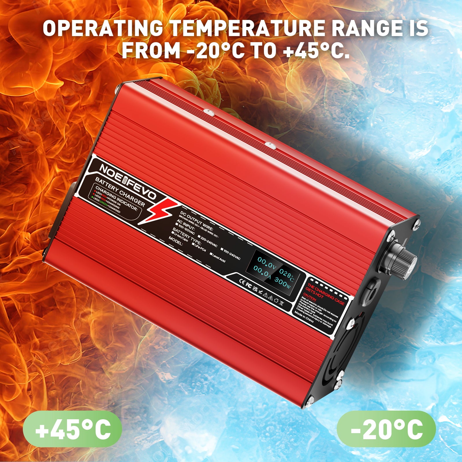 NOEIFEVO 13.8V-14.7V 8A Bly-syre-batterilader til 12V bly-syre-batteri, med LCD-display, køleventilator, automatisk afbrydelse (RØD)