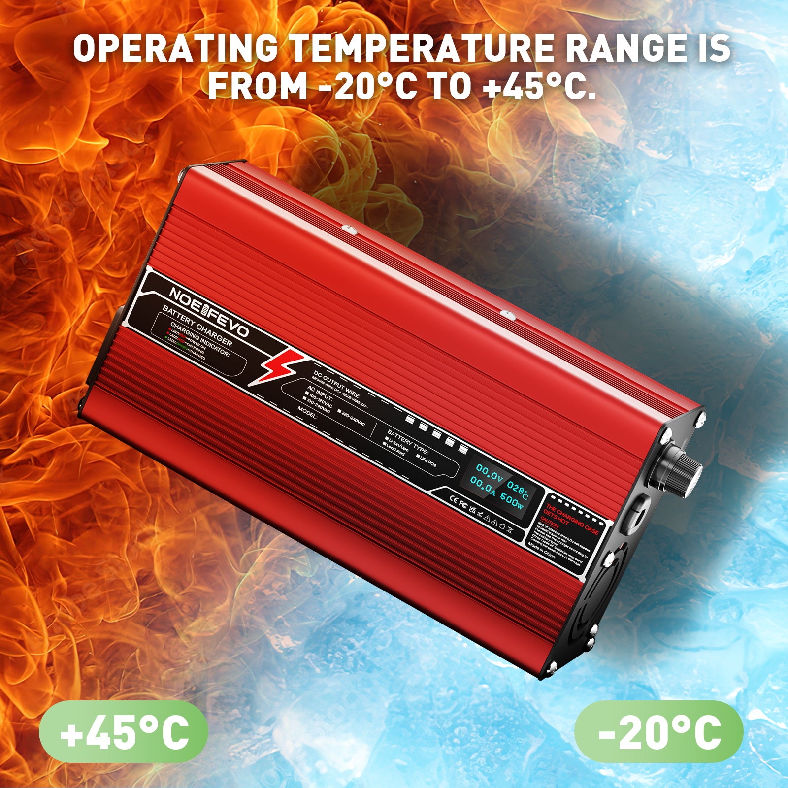 NOEIFEVO 60V 6A Bly-syrabatteriladdare, Laddspänning 69V-73,5V, automatisk avstängning, OLED-display, aluminiumhus, med fläkt