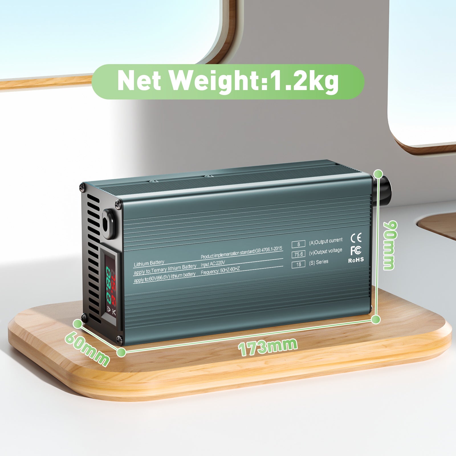 NOEIFEVO 75.6V 8A 18S Litiumbatteriladdare för 18S 66.6V Li-Ion-batterier, strömjustering 1-8A, långsam och snabb laddning (MLC1300)