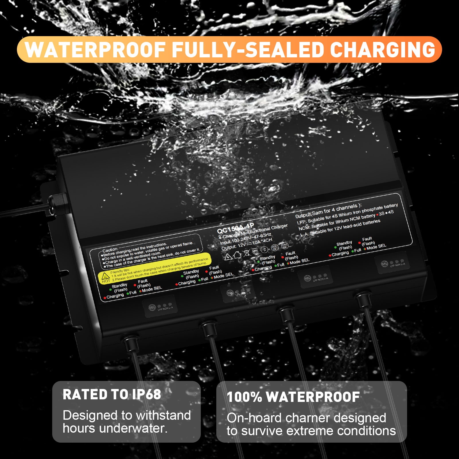 NOEIFEVO 12V 40A 4-banks (10A/bank) universel batterilader, 12V vandtæt LiFePO4 lithium-blybatterilader til campingvogn, båd, motorcykel, plæneklipper, trollingmotor og blybatteri