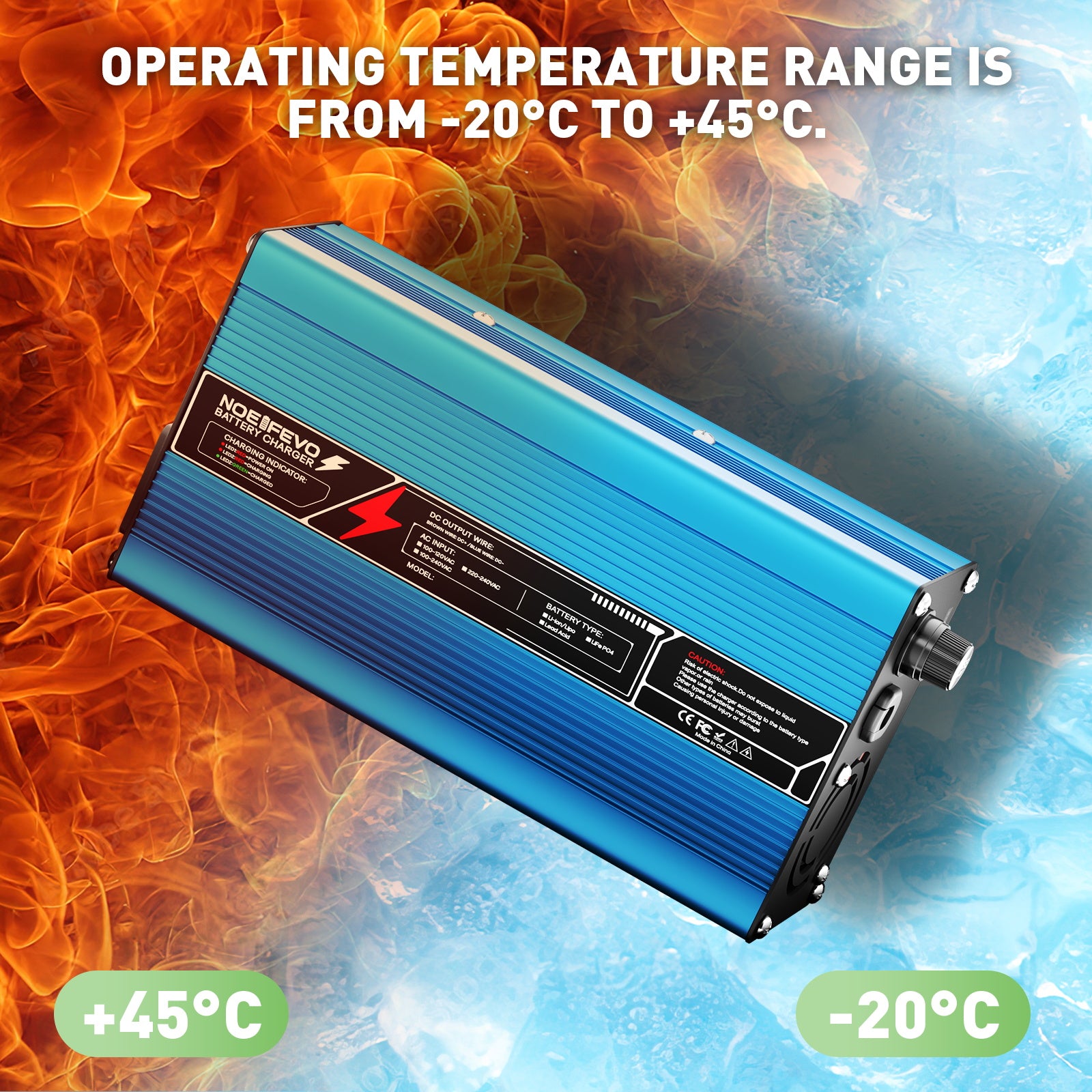 NOEIFEVO 12V 20A BLYSYREBATTERILADER, LADESKELDING 13,8V-14,7V, AUTOMATISK AFSKÆRING, ALUMINIUMSÆTNING, MED VENTILATOR (BLÅ)