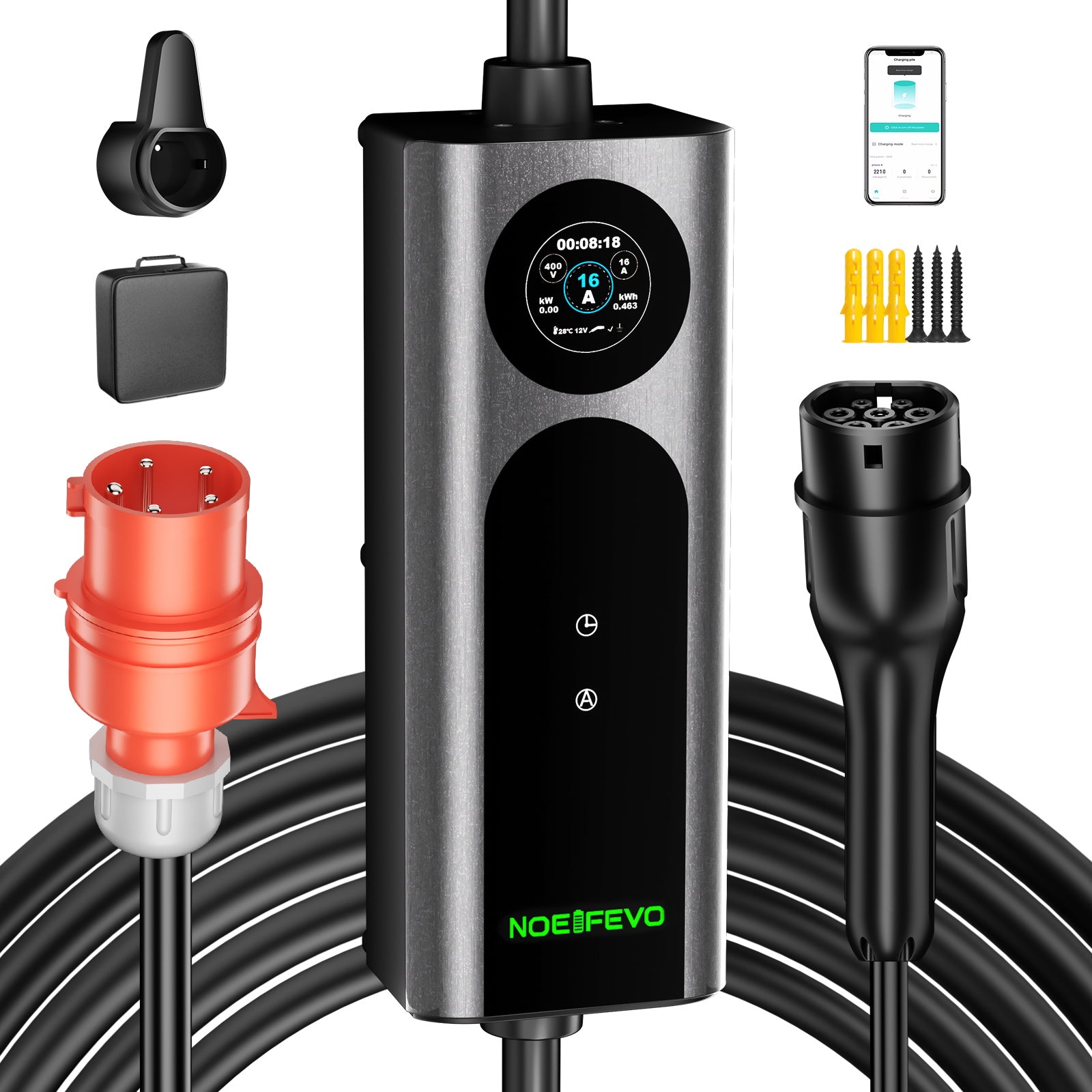 NOEIFEVO Q21W Wlan sähköauton latauslaite mobiili Wallbox 11kW APP-kaukosäätimellä, 5m / 10m Type2 CEE16A 3-vaiheinen latauskaapeli 