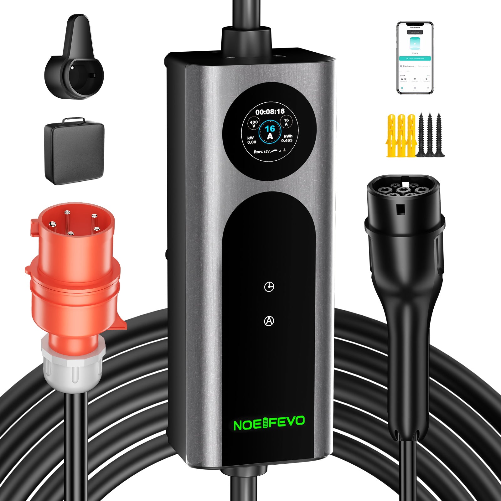 Noeifevo Type 2 Mobile EV Wallbox, 11KW 3-vaihe CEE16A Säädettävä Latausteho EV-laturi, 5m/10m/15m EV-latauskaapeli Model Y/3\:lle, ID.3/4/5, MG4, EX30, e-up, e-tron, Zoe ja muille EV\:lle.
