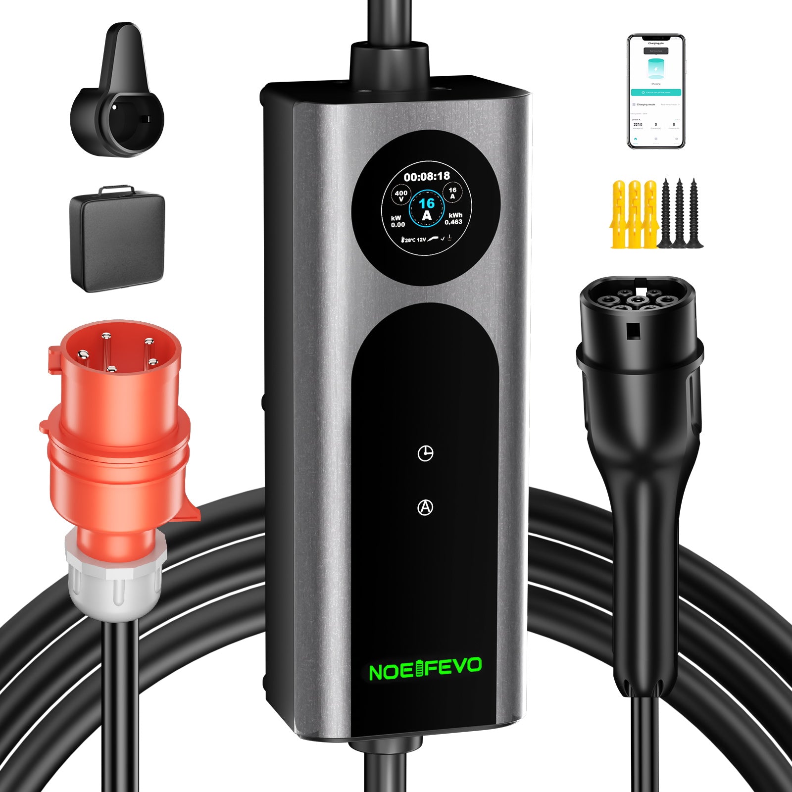 Noeifevo Type 2 Mobile EV Wallbox, 11KW 3-vaihe CEE16A Säädettävä Latausteho EV-laturi, 5m/10m/15m EV-latauskaapeli Model Y/3\:lle, ID.3/4/5, MG4, EX30, e-up, e-tron, Zoe ja muille EV\:lle.

