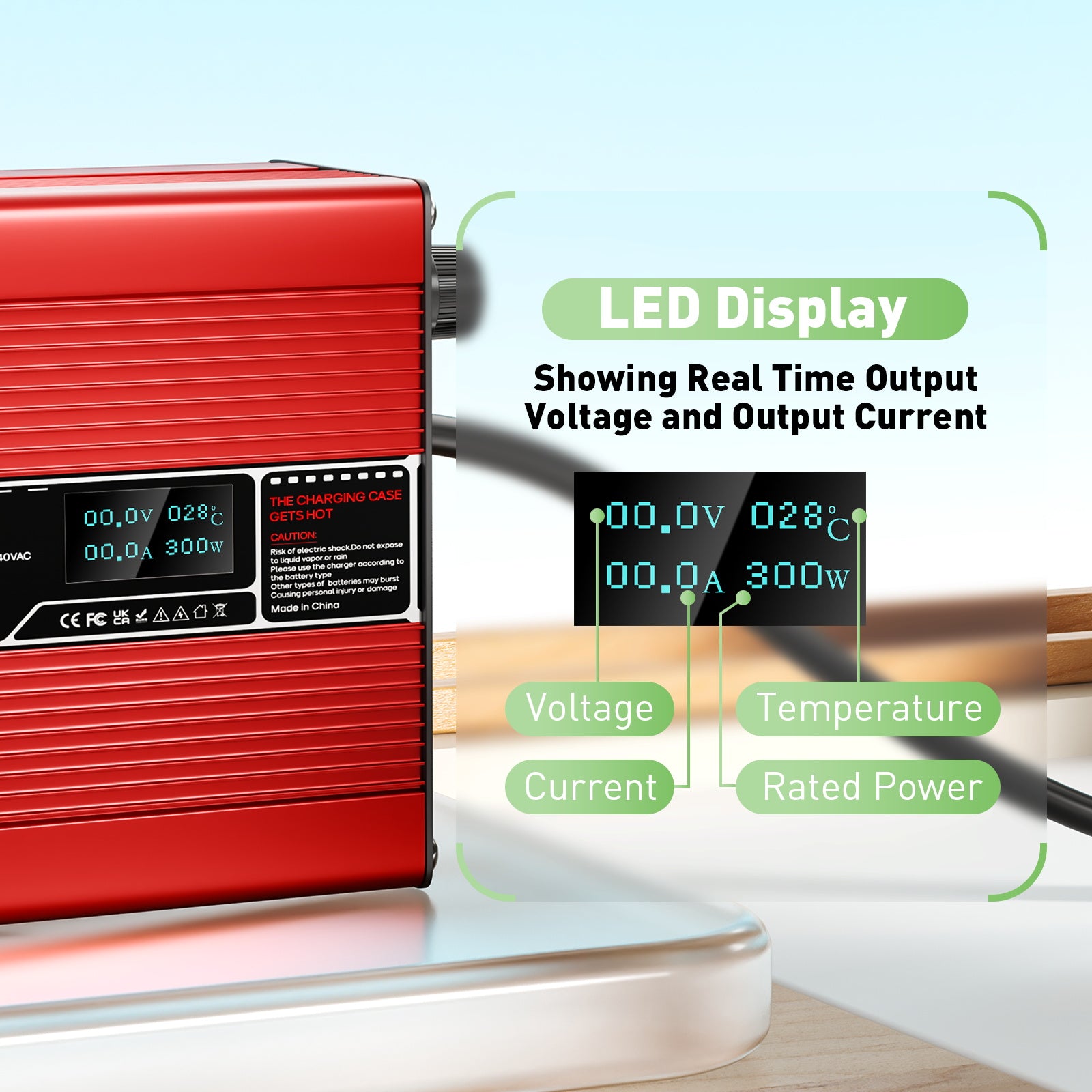 NOEIFEVO 58,8V  2A 2.5A 3A Lithium-Lader til 14S 51,8V Li-Ion Lipo-batterier, med LCD-skærm, køleventilator, automatisk afbrydelse (RØD)