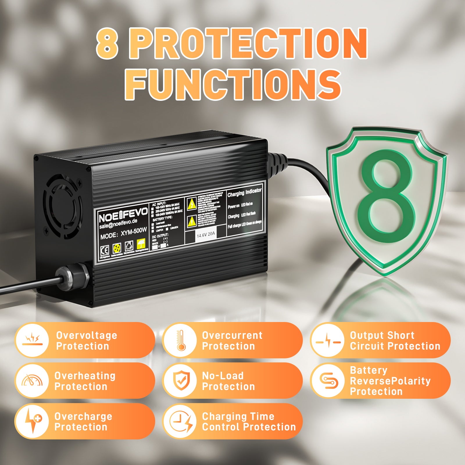 Noeifevo 14.6V 20A מטען סוללות LiFePO4 לסוללת 12V 12.8V LiFePO4 ליתיום, 0V BMS Activate, כיבוי אוטומטי, בית מסגסוגת אלומיניום