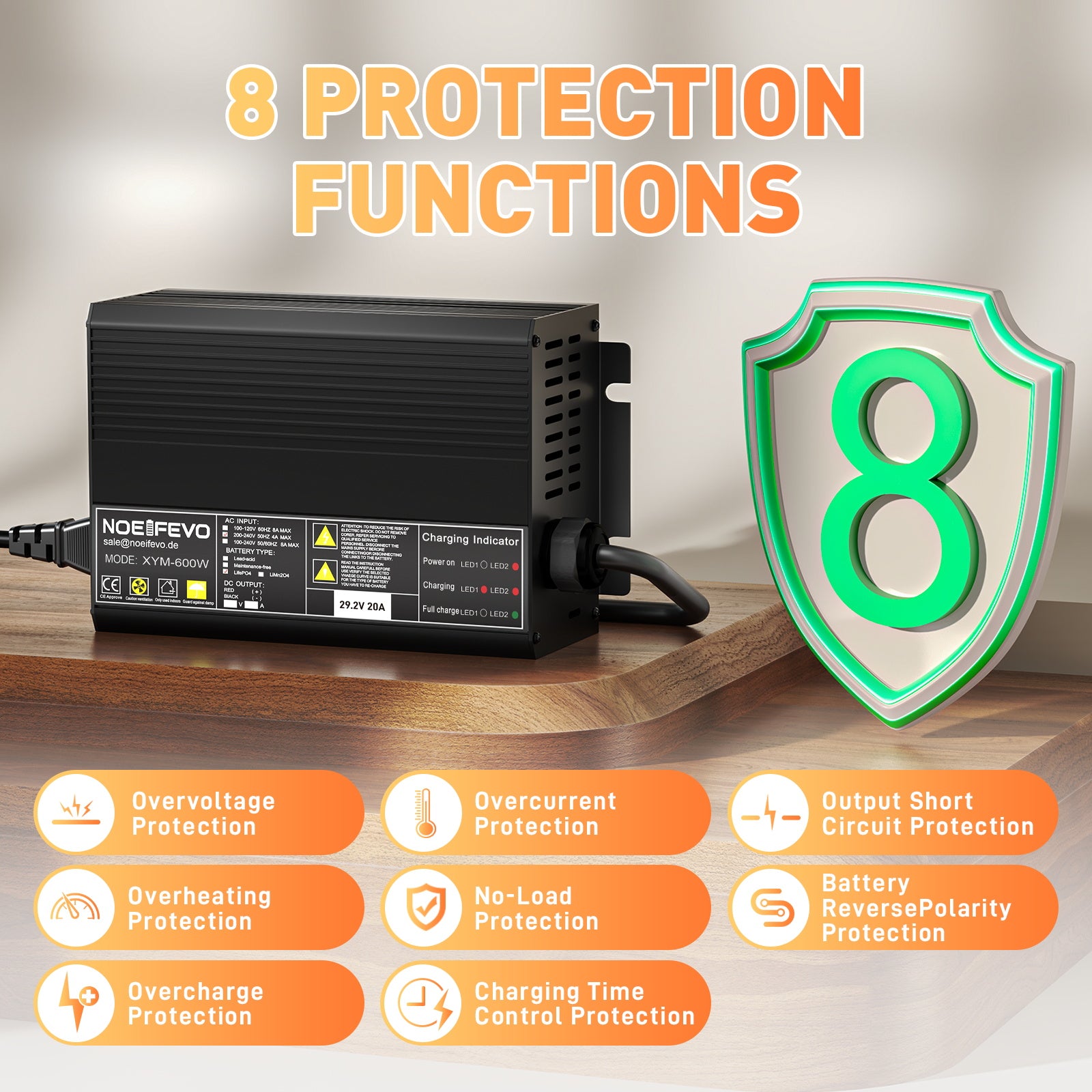 Noeifevo 29,2V 20A LiFePO4 batterilader for 24V 25,6V litiumbatteri, 0V BMS Aktiver, automatisk avstenging med full beskyttelse