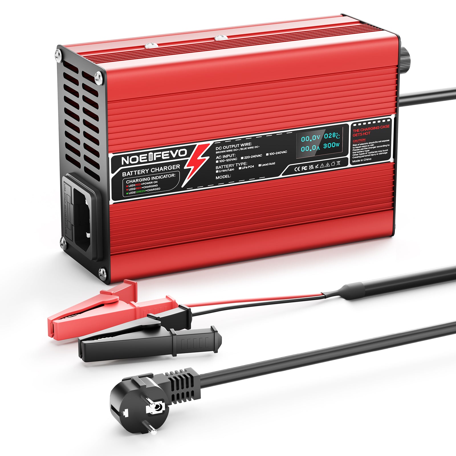 NOEIFEVO 33.6V 2A 3A 4A 5A Lithium-Ladegerät für 8S 29.6V Li-Ion Lipo-Batterien, Kühlventilator, automatischer Abschaltung（RED）