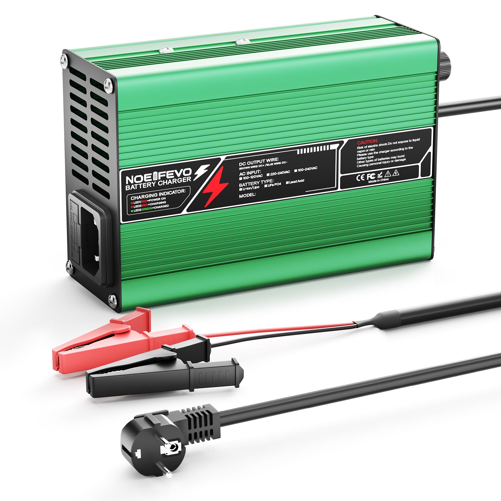 NOEIFEVO 37,8V 2A 3A 3.5A 4A lithium nabíječka pro 9S 33,3V Li-Ion Lipo baterie, chladicí ventilátor, automatické vypnutí (ZELENÁ)