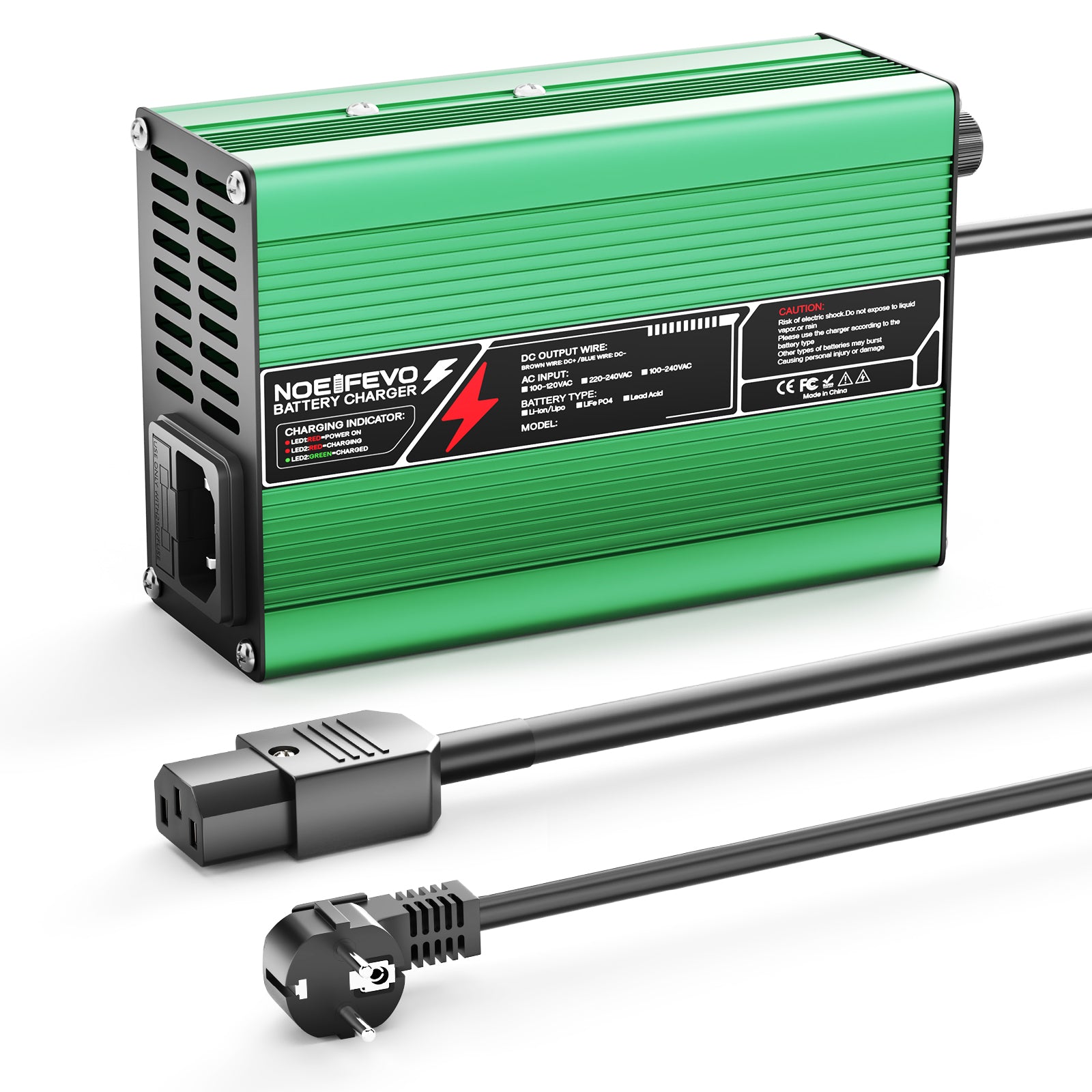 NOEIFEVO מטען ליתיום 29.4V 2A 3A 4A 5A עבור סוללות Li-Ion Lipo 7S 25.9V, מאוורר קירור, כיבוי אוטומטי (ירוק)