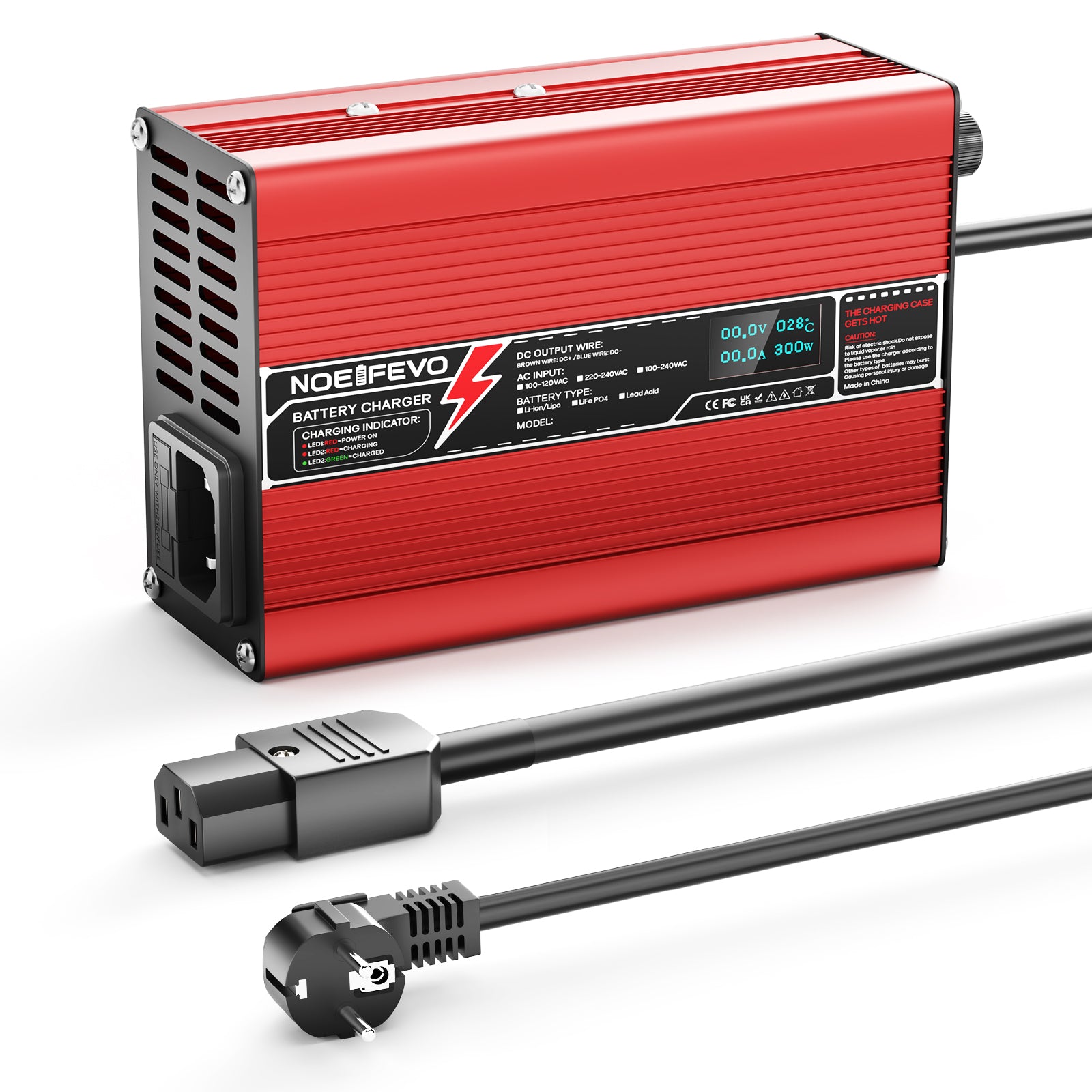 NOEIFEVO 42V 2A 3A 3.5A 4A  Lithium-lader til 10S 37V Li-Ion Lipo-batterier, med køleventilator, automatisk slukning (RØD)