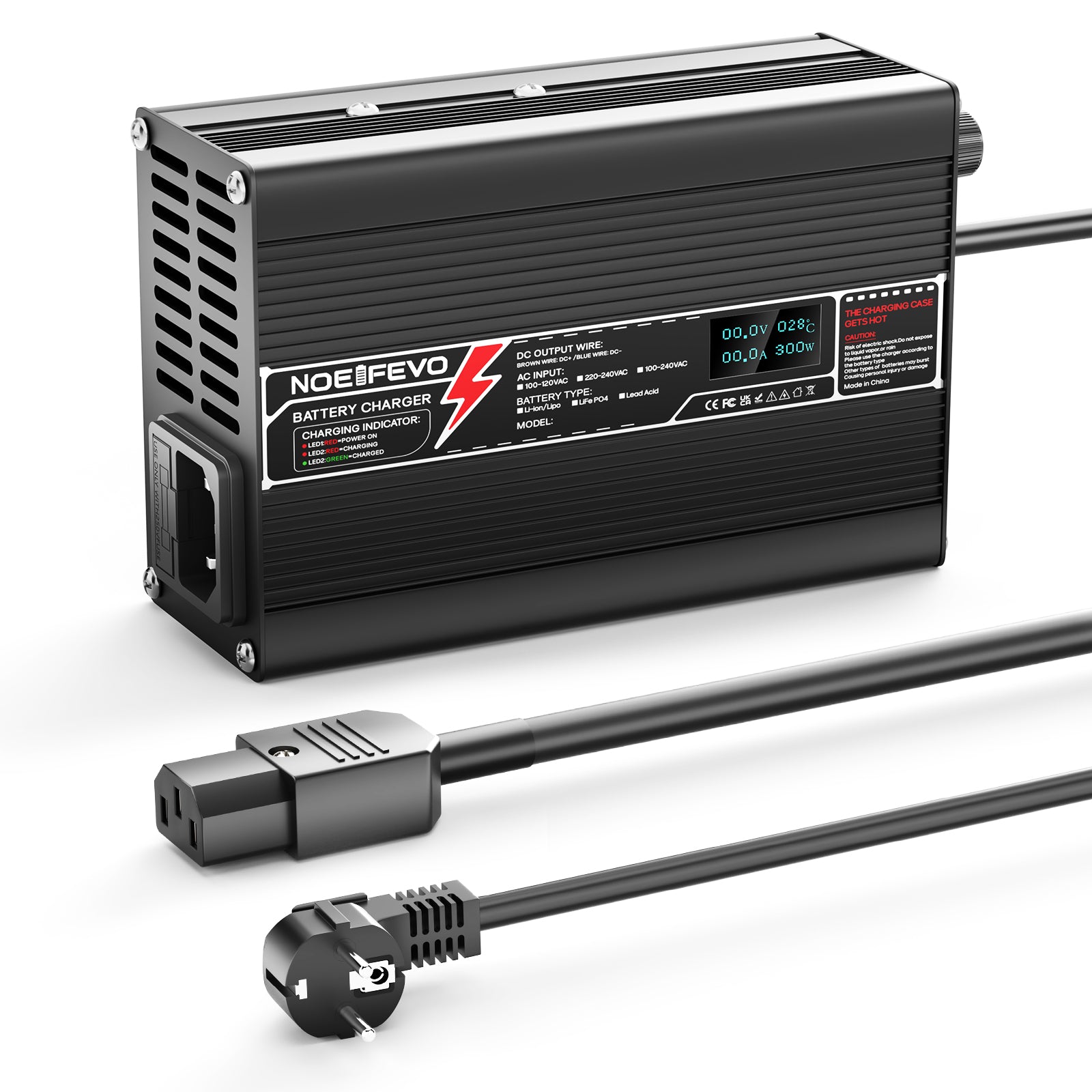 NOEIFEVO 33.6V 2A Lithium-Lader til 8S 29.6V Li-Ion Lipo-batterier, med LCD-display, køleventilator, automatisk slukning