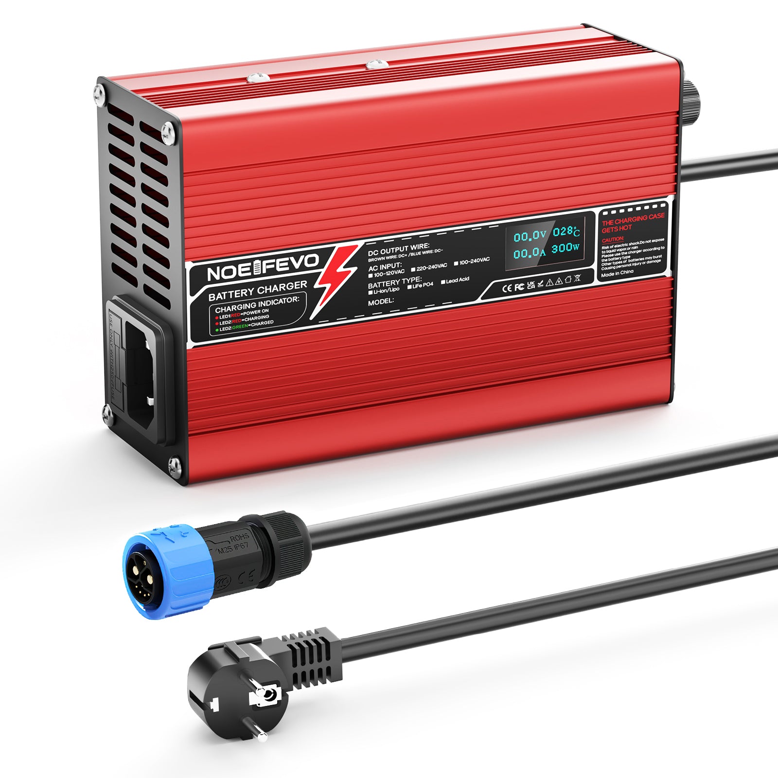 NOEIFEVO 54.6V 2A 2.5A 3A Lithium-Lader voor 13S 48.1V Li-Ion Lipo-batterijen, Koelventilator, automatische uitschakeling (ROOD)