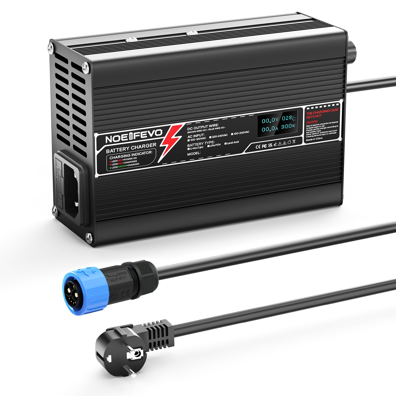 NOEIFEVO 25.2V 10A מטען ליתיום עבור 6S 22.2V Li-ion Lipo סוללה מטען אופניים אלקטרוניים, תצוגת LED, מארז אלומיניום, מאוורר