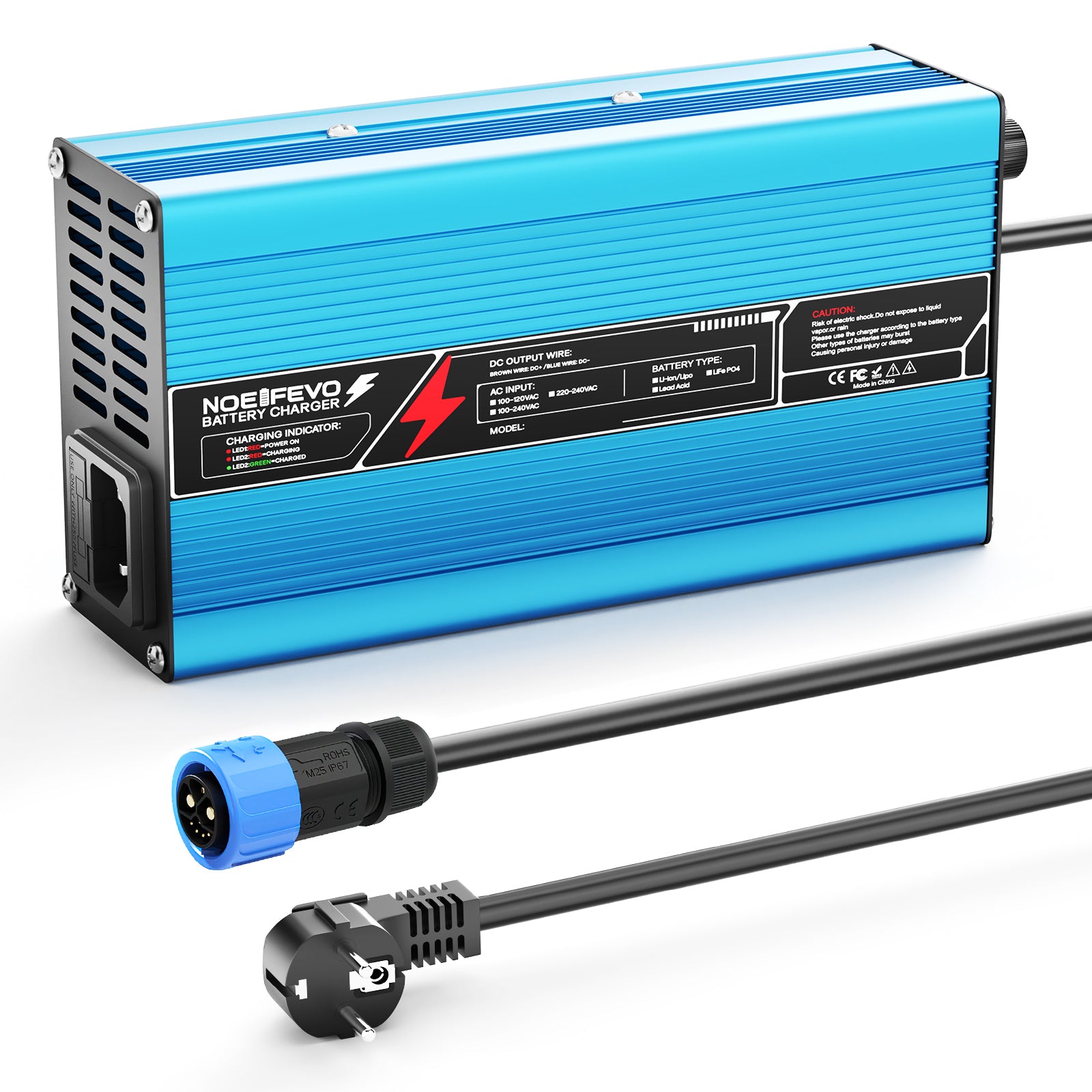 NOEIFEVO 42V 10A 10S Lithium-batterijlader, voor 10S 37V Li-Ion batterij, automatische uitschakeling, aluminium behuizing, met ventilator (blauw)