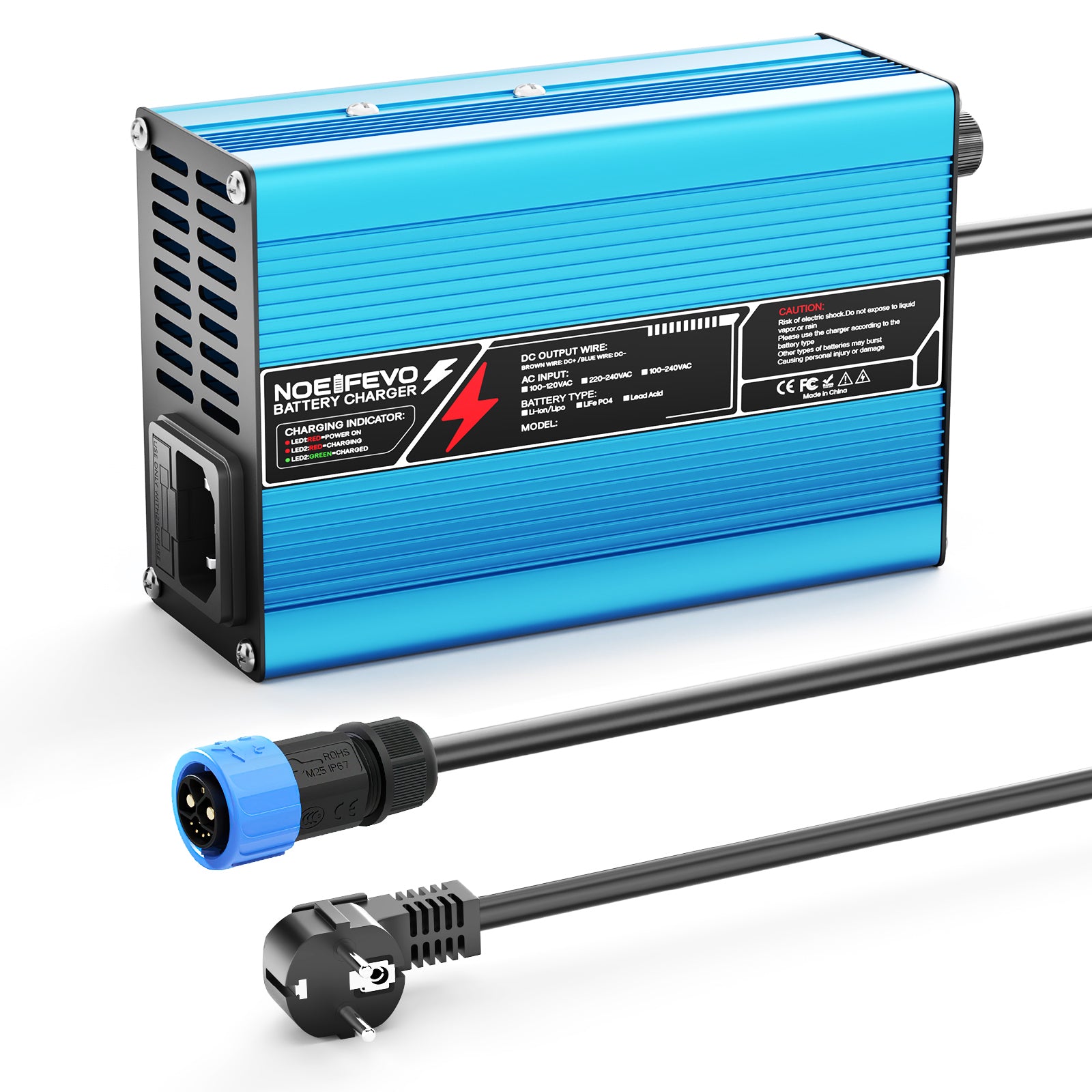 NOEIFEVO 33.6V 2A 3A 4A 5A Lithium-Lader til 8S 29.6V Li-Ion Lipo Batterier, Køleventilator, Automatisk Afbrydelse (BLÅ)