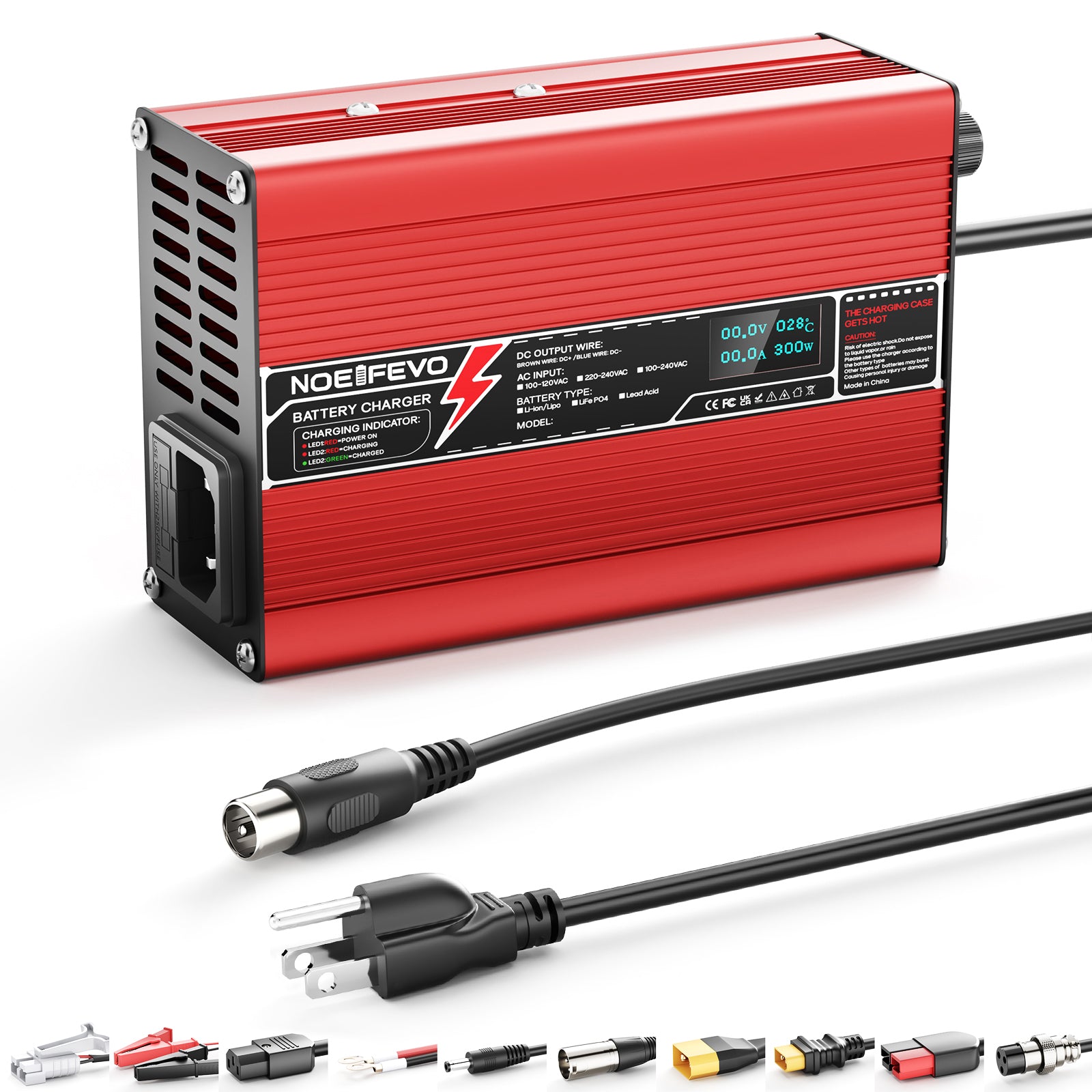 NOEIFEVO 41.4V-44.1V 4A Caricabatterie al piombo-acido per batteria 36V al piombo-acido, con display LCD, ventilatore di raffreddamento, spegnimento automatico (ROSSO)