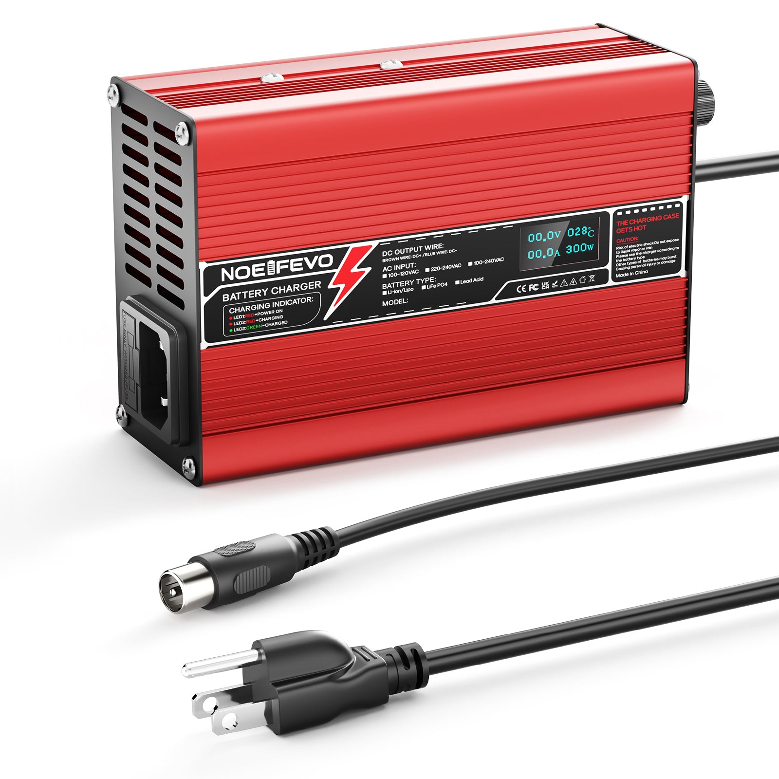 NOEIFEVO 36.5V 2A 3A 3.5A 4A LiFePO4 Batterie-Ladegerät für 10S 32V LiFePO4 Batterie, Kühlventilator, automatischer Abschaltung（RED）