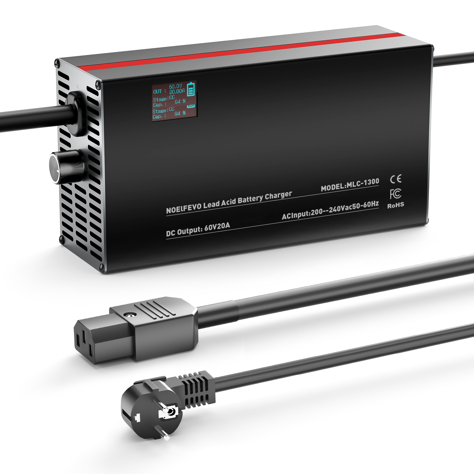 NOEIFEVO 60V 2A-20A Stroom Instelbaar Acculader voor Loodzuuraccu's, AGM, Gel, Golfwagen Acculader, LED-display