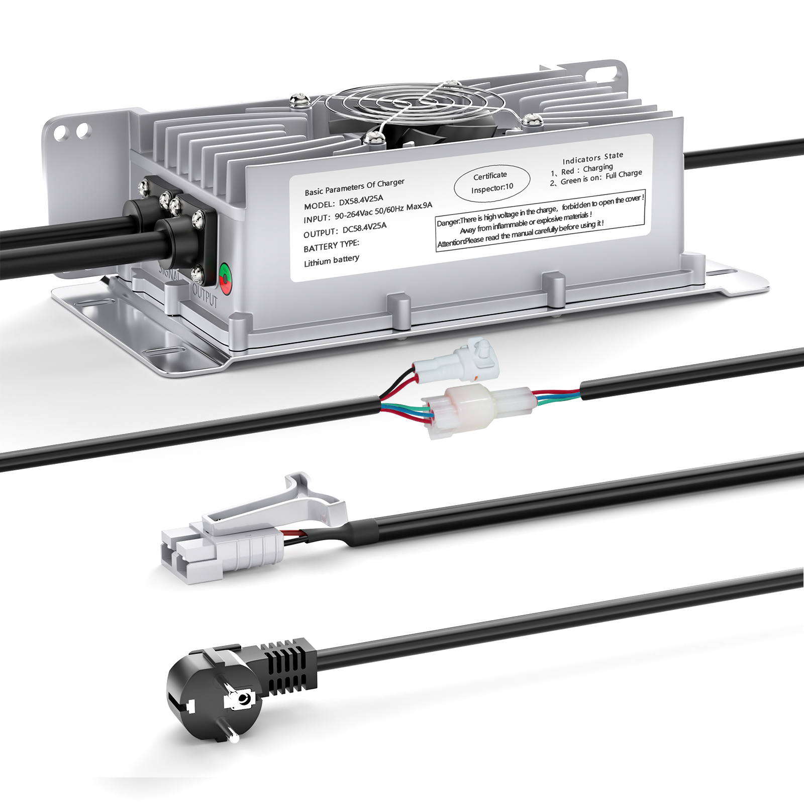 NOEIFEVO 48V 25A Lithium-Lifepo4 Batterioplader, 58,4V opladningsspænding for 48V (51,2V) 16S batteri, vandtæt, 0V BMS-aktivering, med låsekabel til elektriske køretøjer, e-cykler og golfvogne