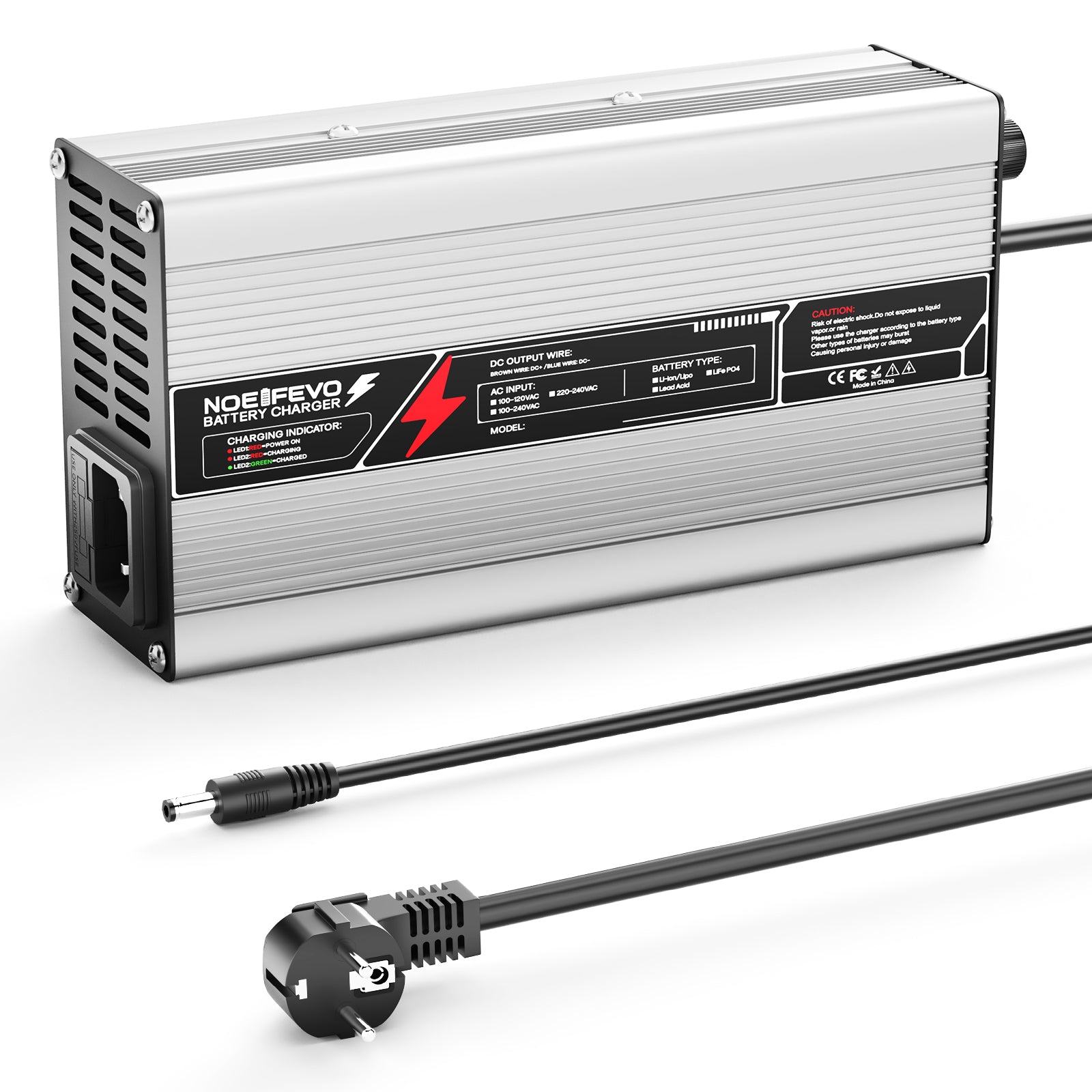 NOEIFEVO 67,2 V 6 A Carregador de Bateria de Lítio para Bateria 59,2 V (60 V) 16S, Desligamento Automático, Caixa de Alumínio, com Ventilador (Prata)