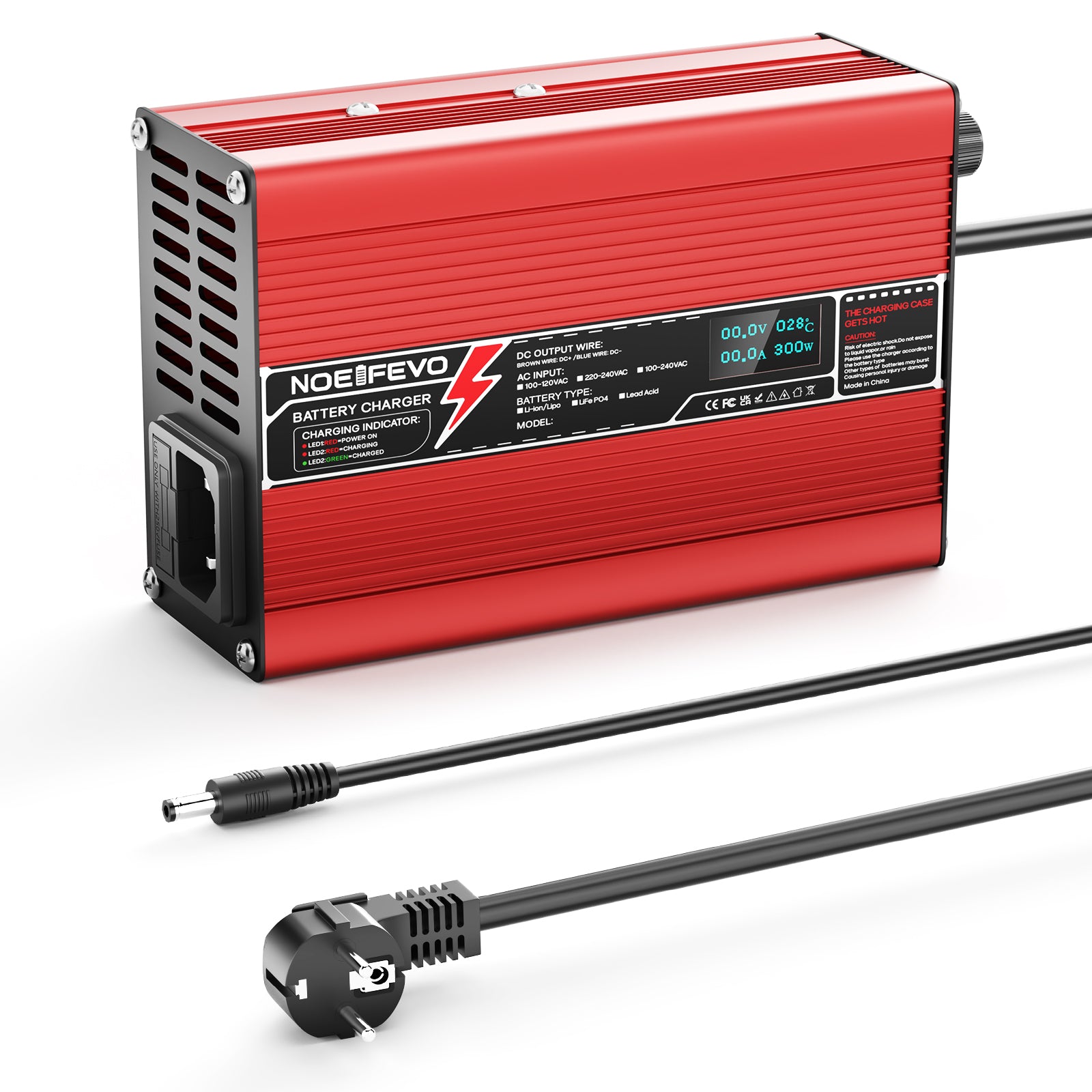 NOEIFEVO 36.5V 2A 3A 3.5A 4A LiFePO4 Batterie-Ladegerät für 10S 32V LiFePO4 Batterie, Kühlventilator, automatischer Abschaltung（RED）