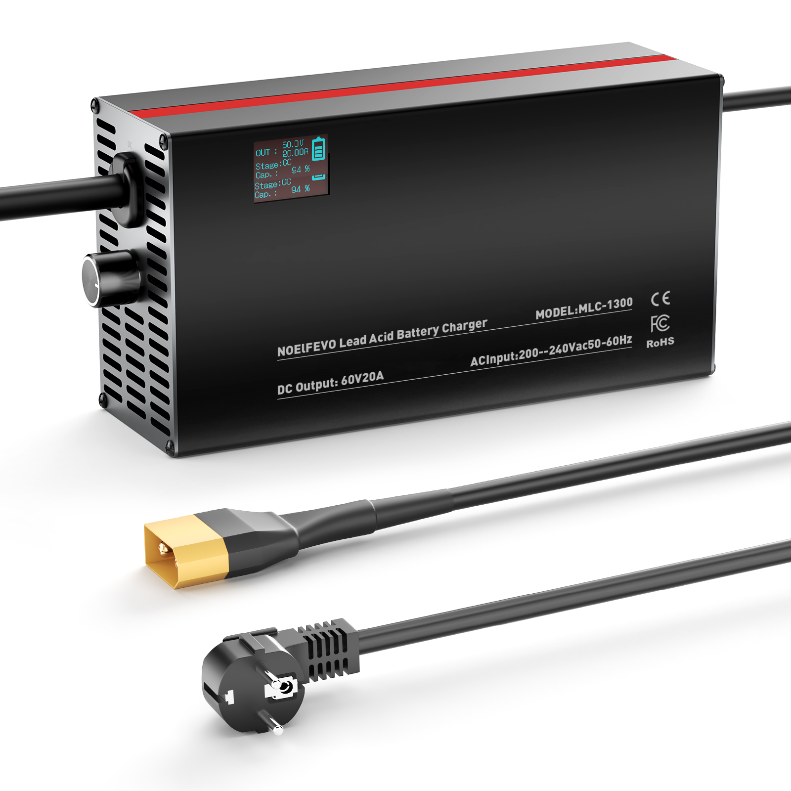 NOEIFEVO 60V 2A-20A Stroom Instelbaar Acculader voor Loodzuuraccu's, AGM, Gel, Golfwagen Acculader, LED-display