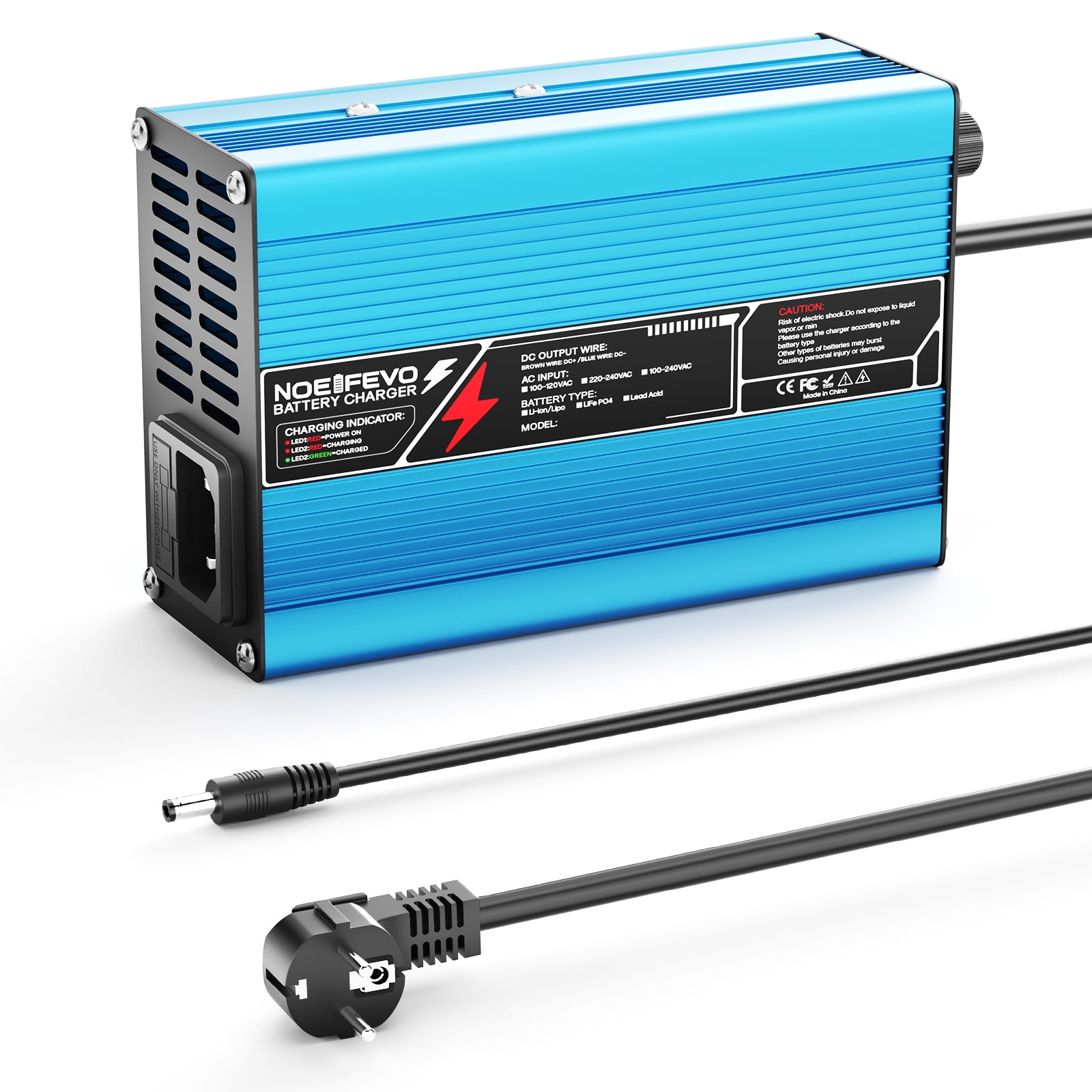 NOEIFEVO 36.5V 2A 3A 3.5A 4A   LiFePO4 nabíječka baterií pro 10S 32V LiFePO4 baterii, automatické vypnutí（BLUE）