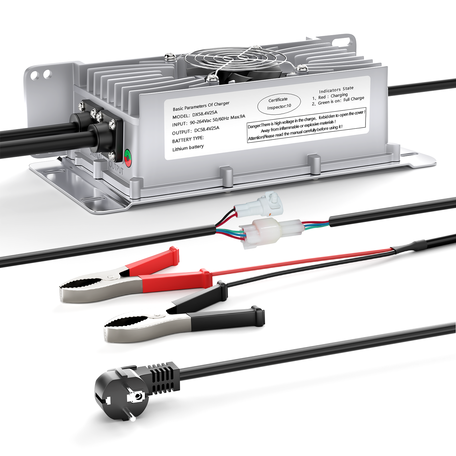 NOEIFEVO 48V 25A Lithium-Lifepo4 Batterioplader, 58,4V opladningsspænding for 48V (51,2V) 16S batteri, vandtæt, 0V BMS-aktivering, med låsekabel til elektriske køretøjer, e-cykler og golfvogne